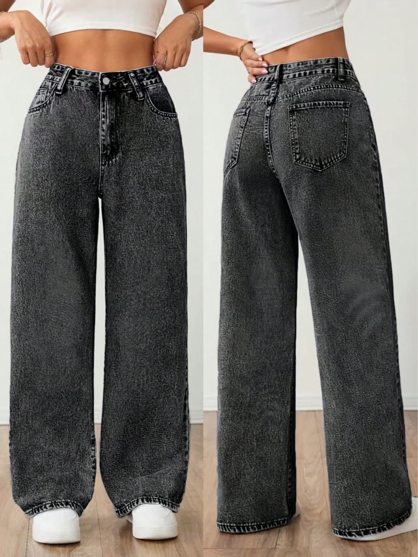 Women's Casual Washed Wide Leg Jeans, Long Length, Scaly Detail, Non-Stretch Fabric Spring
