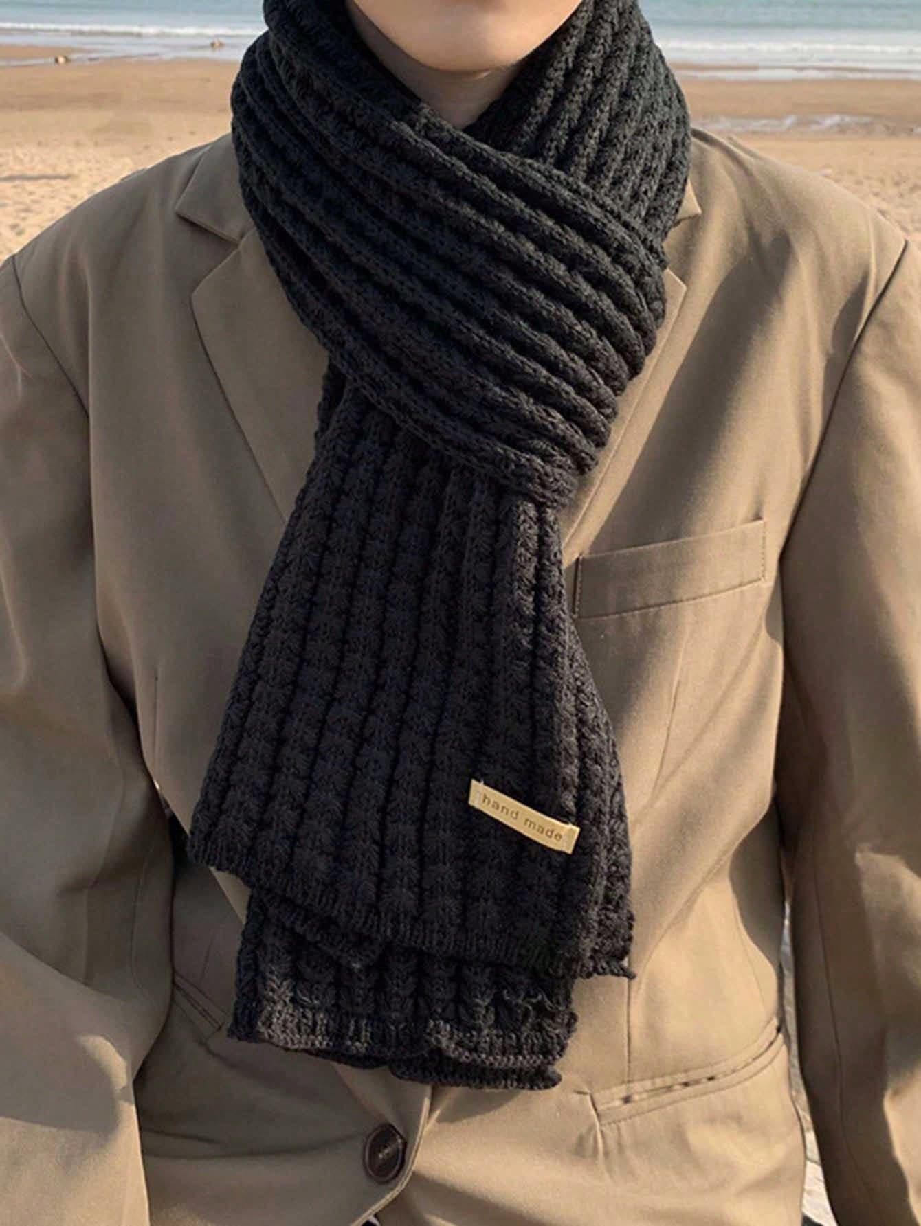 1pc Men's Solid Color Knitted Warm & Thick Scarf, Versatile Neck Warmer Suitable For Winter