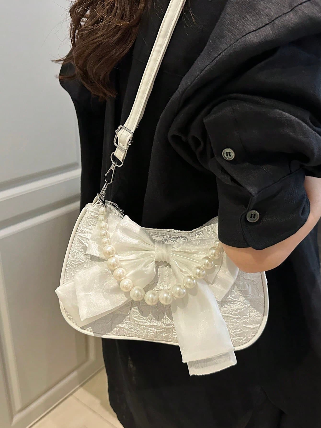 Fashionable Faux Pearl Chain Decorated Handheld & Shoulder Bag, Minimalist & Practical, Multi-Functional, Elegant Faux Pearl Bag , Small Bags , Beach, Pearl Bag, Cream Bag