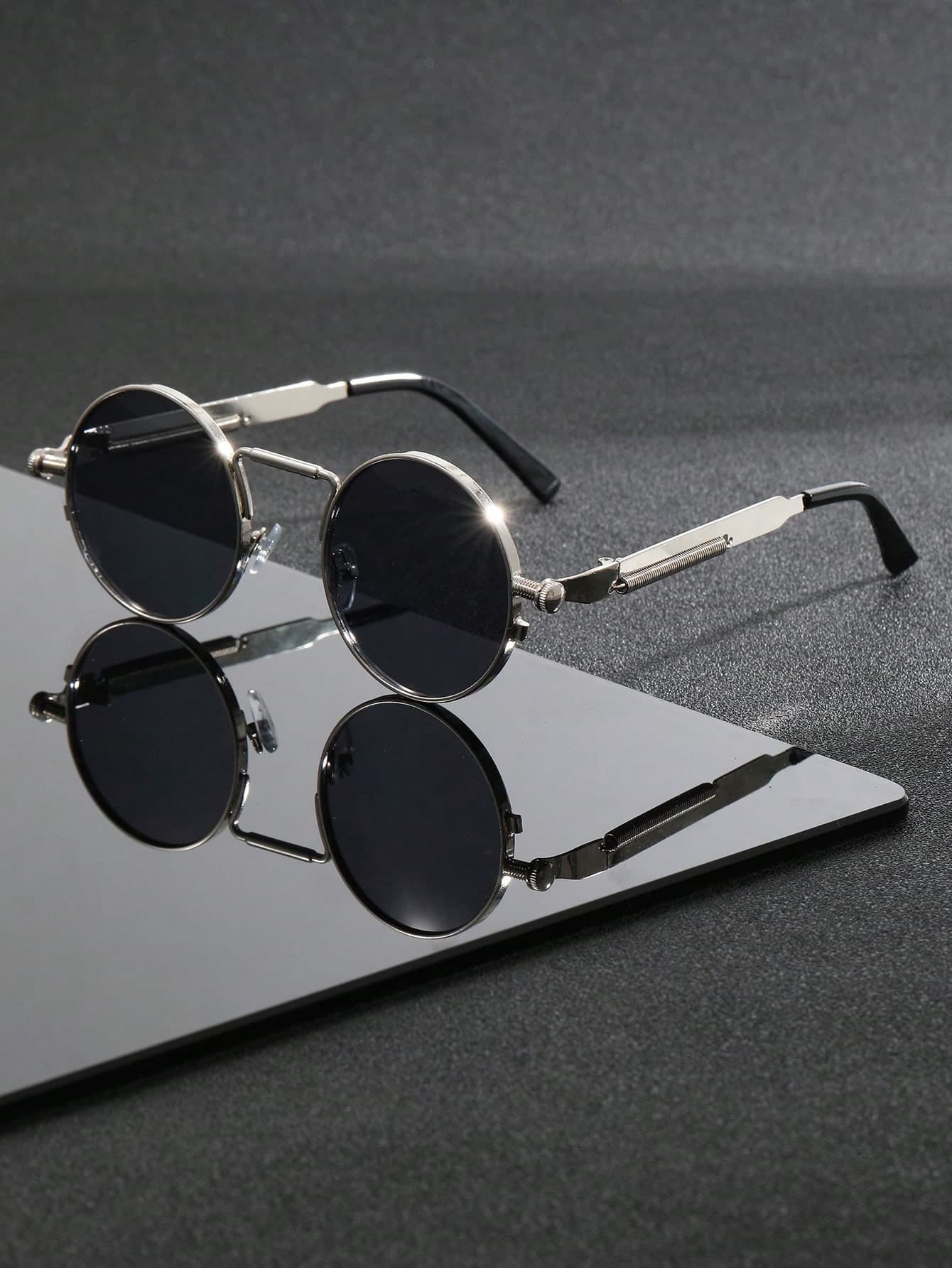 1 Pair Men's Metal Round Steampunk Fashion Glasses, Spring Leg Design, Ideal Gift For Boyfriend, Retro Metal Frame Accessory Suitable For Street, Vacation And Daily Wear