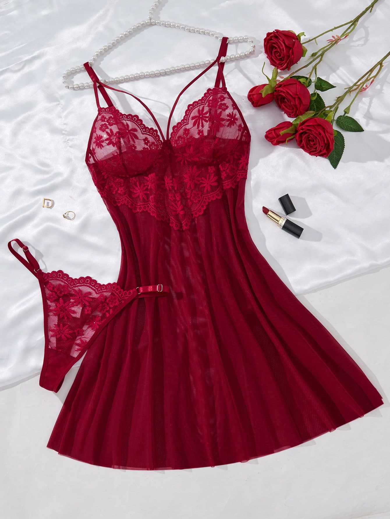 2pcs/Set Women's Burgundy Soft Comfortable Lace Floral Heart Pajamas, Christmas And Halloween Gift, Sexy Lace Sleepwear