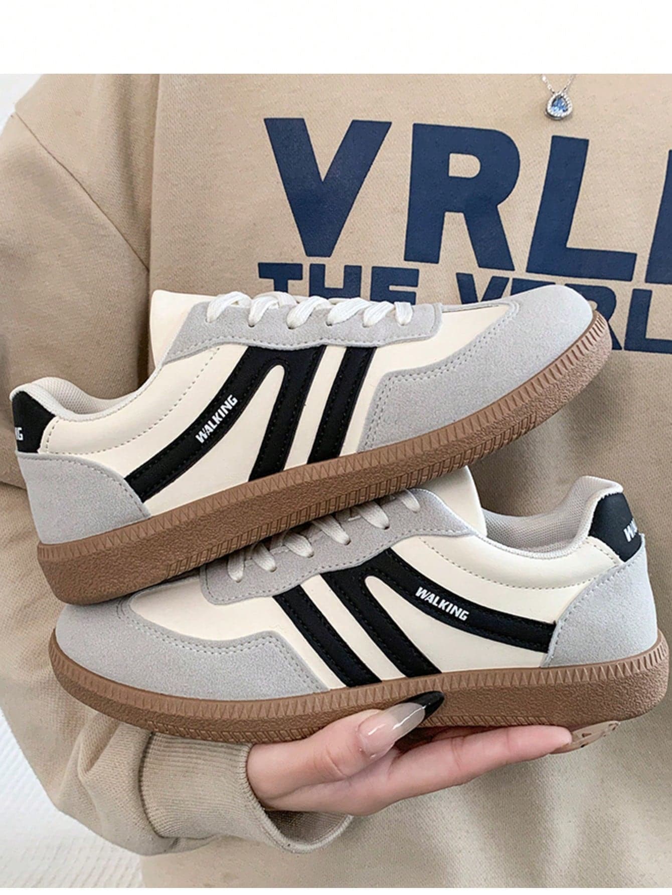 Women's Multifunctional Fashion Casual Shoes, Flat Non-Slip Lace-Up Round Toe Rubber Sole Casual Sneakers, Black & Khaki Colorblock, Daily Match, Comfortable Casual Shoes Size 36-41, & Fashionable