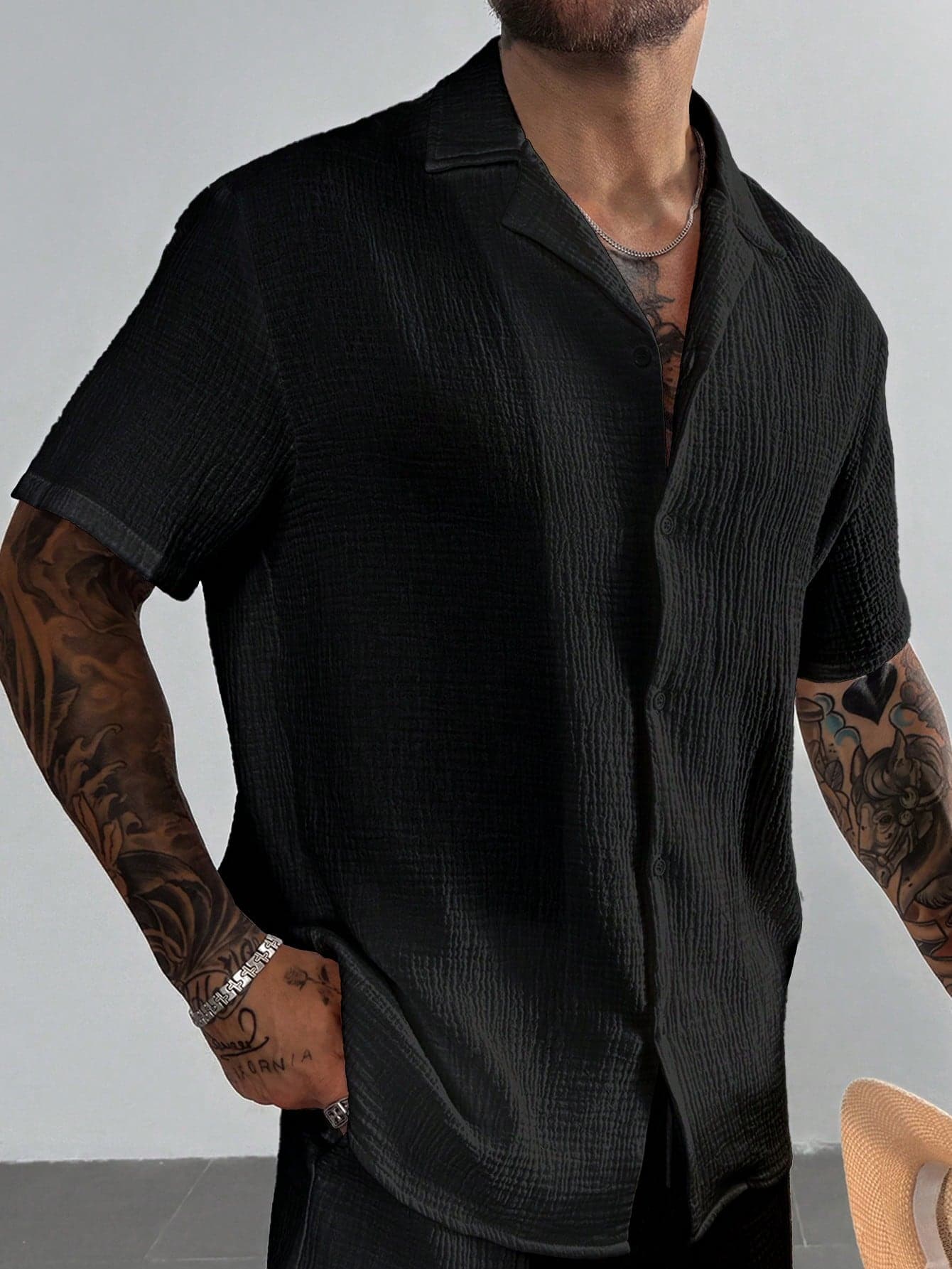 GloMan Men's Solid Color Textured Summer Casual Short Sleeve Shirts,For Vacation,Beach,Outing,Daily,Back To School,Father/Husband,White Black Shirt