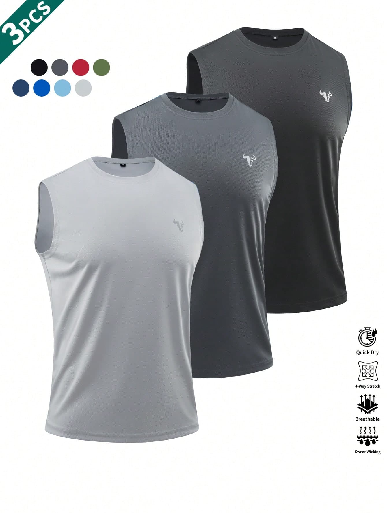 3pcs Pack Men's Solid Color Sleeveless Sport Top, Bull Head Printed, Crew Neck Tank Top, Casual Outdoor Fitness Exercise Clothes, Solid Color Sleeveless Men's Sportswear, Suitable For Gym, Daily Workout, Running, Basketball And Home Summer
