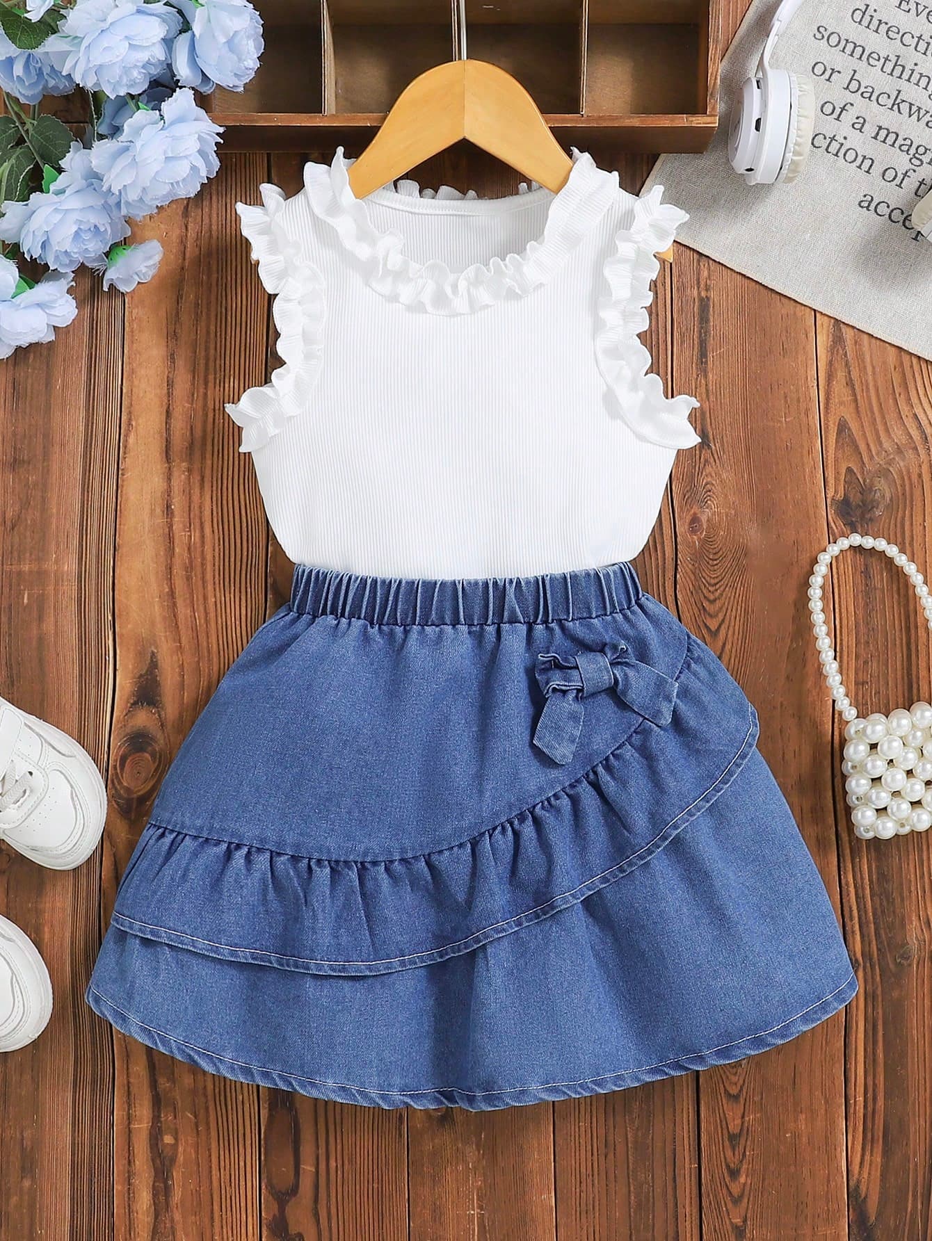 Girls' Summer Floral Trim Camisole Top + Skirt With Bow Ruffle Layered 2 Pieces Set, Girls' Casual Holiday Outfit
