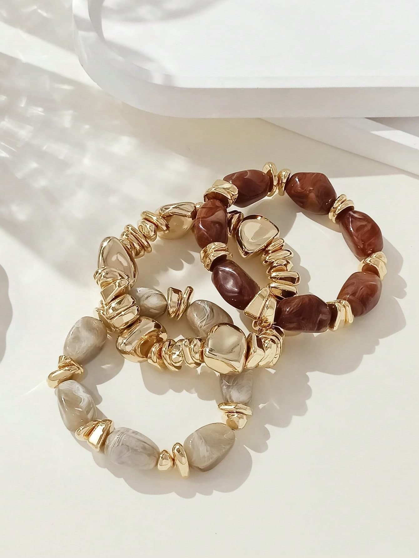 3pcs/Set Fashion Vintage Exaggerated Bohemian Thick Multi-Layer Brown Acrylic Beaded Bracelet For Women