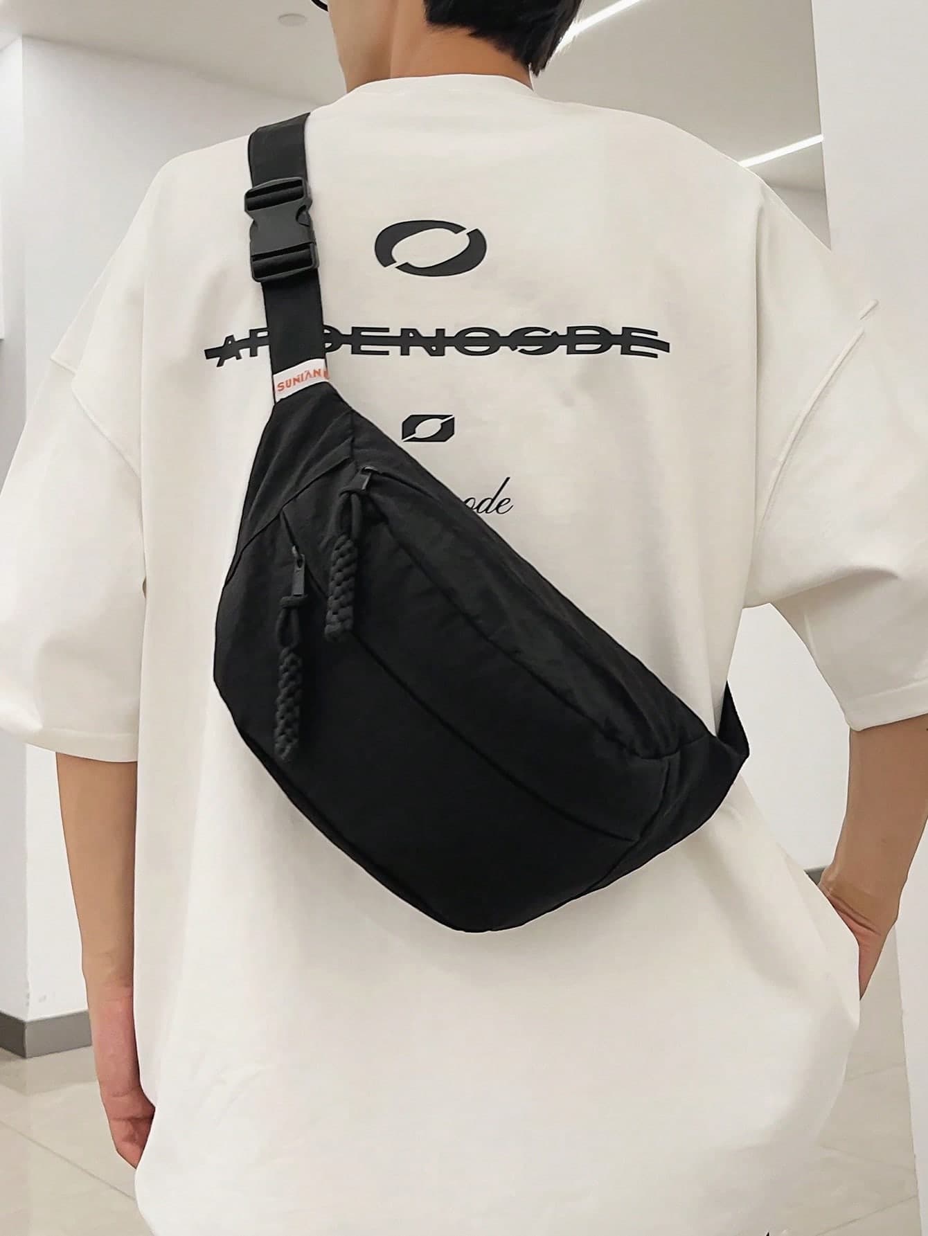 1pc Peach Tree Men Adjustable Strap Solid Color Letter Print Multi-Compartment Zippered Closure Casual Shoulder Chest Bag & Waist Bag For Outdoor, Sports, Travel, Street Wear Phone Bag, Thigh Bag, Camping, Easter, Camping, Hiking Bag