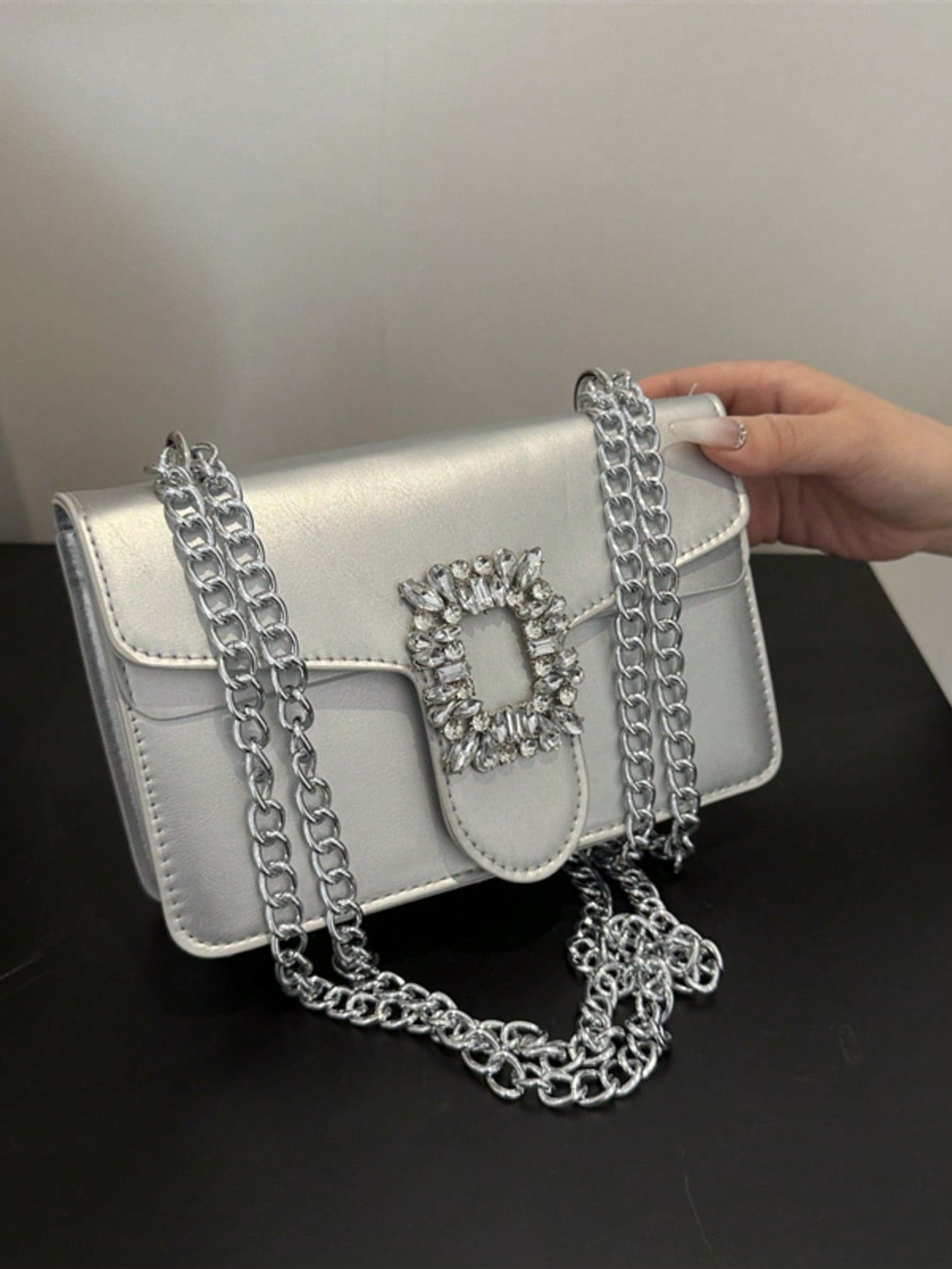 Rhinestone Decor Crossbody Bag, Mini Chain Shoulder Bag, Women's Sparkly Handbag & Square Purse
