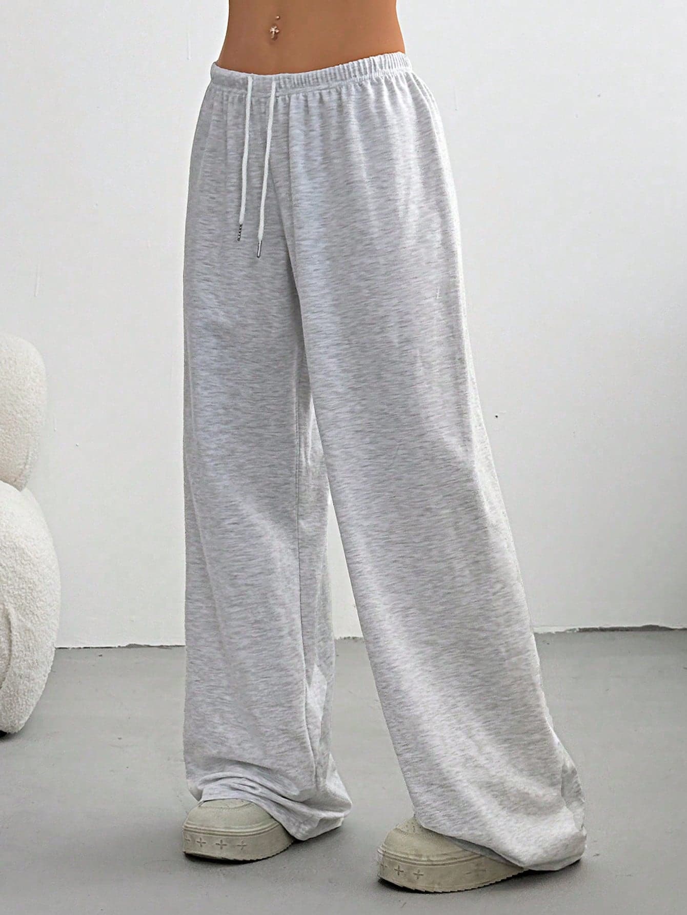 Solid Color High Waist Straight Leg Pants, Minimalist Sports Sweatpants, Versatile Elastic Waist Drawstring Wide Leg Casual Trousers, All Season Spring