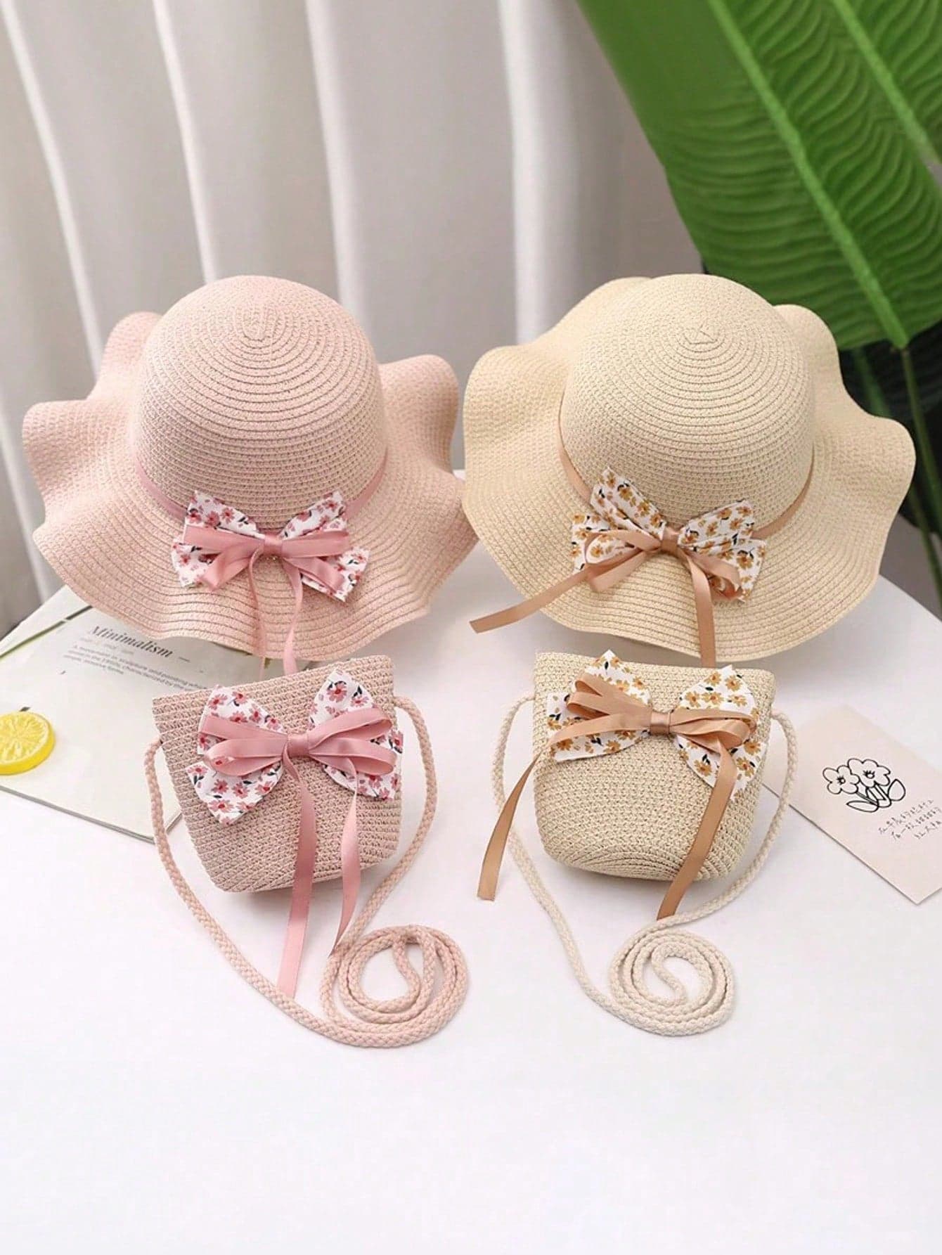 2pcs/Set Kids Straw Hat With Scarf, Ditsy Floral, Bow-Knot Decor, Wide Brim, Breathable, For Daily, Beach, Sun Ion