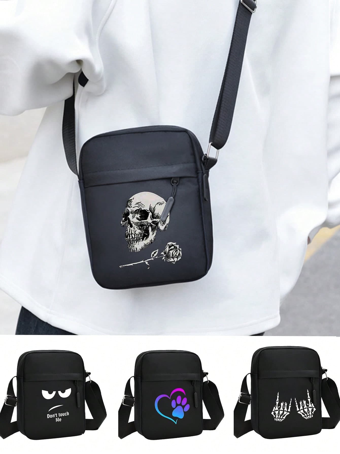 Skull Print Crossbody Bag, Fashionable Black Oxford Cloth Shoulder Bag, Adjustable Strap, Men's Casual Messenger Bag, Printed With Skull And Rose Pattern Design; Ideal Gift For Travel Enthusiasts. Shoulder Bag, Handbag, Side Bag, Men's Mini Bag, New Essential Lifestyle Item, Basic Student Supplies For Boys, Gothic Punk Style Occasion Handbag, Anime Theme Study Storage Bag, Small Portable Bag, Men's Close-Fitting Small Bag,