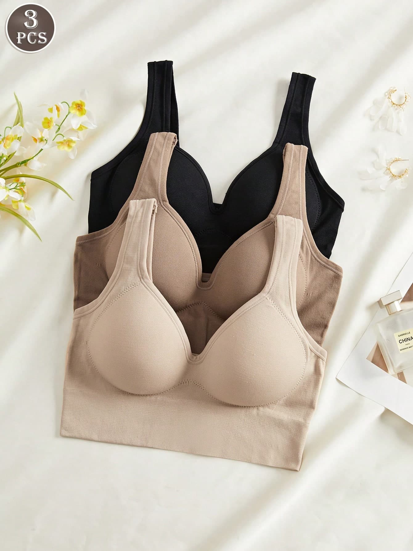 3PCS Solid Color Women Seamless Backless Bra, Fixed One-Piece Cup, Wireless, Wide Strap With Padded Cups, Elegant Daily & Sports Underwear