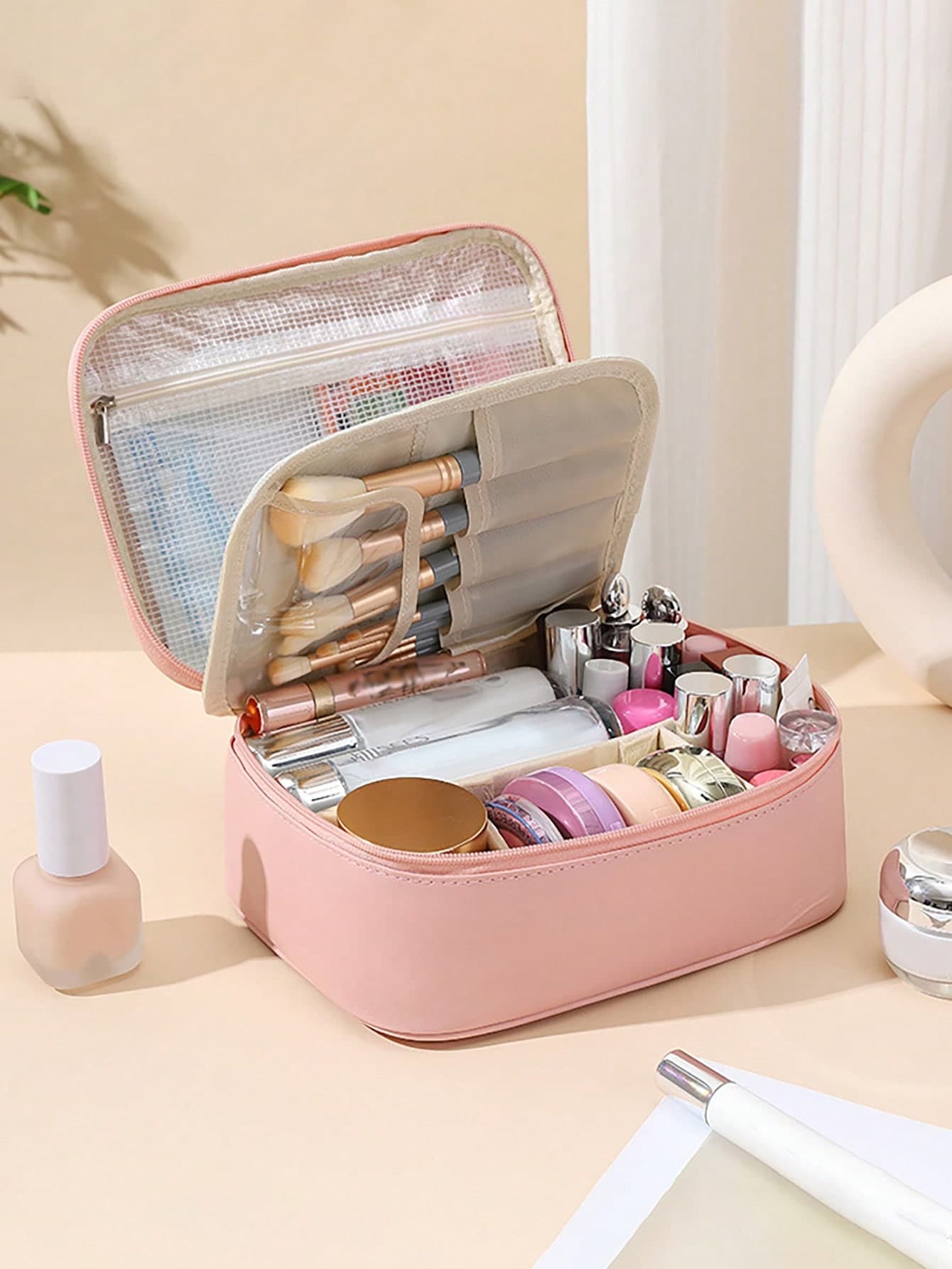 1pc Multi-Function Large Capacity PU Cosmetic Bag With Removable Divider For Women, Makeup Tool Travel Storage Pouchtravel Essentials Vacation Summer Holiday Back To School School Stuff Bag For School Travel Bag For Women Makeup Bag For Travel Make Up Bag