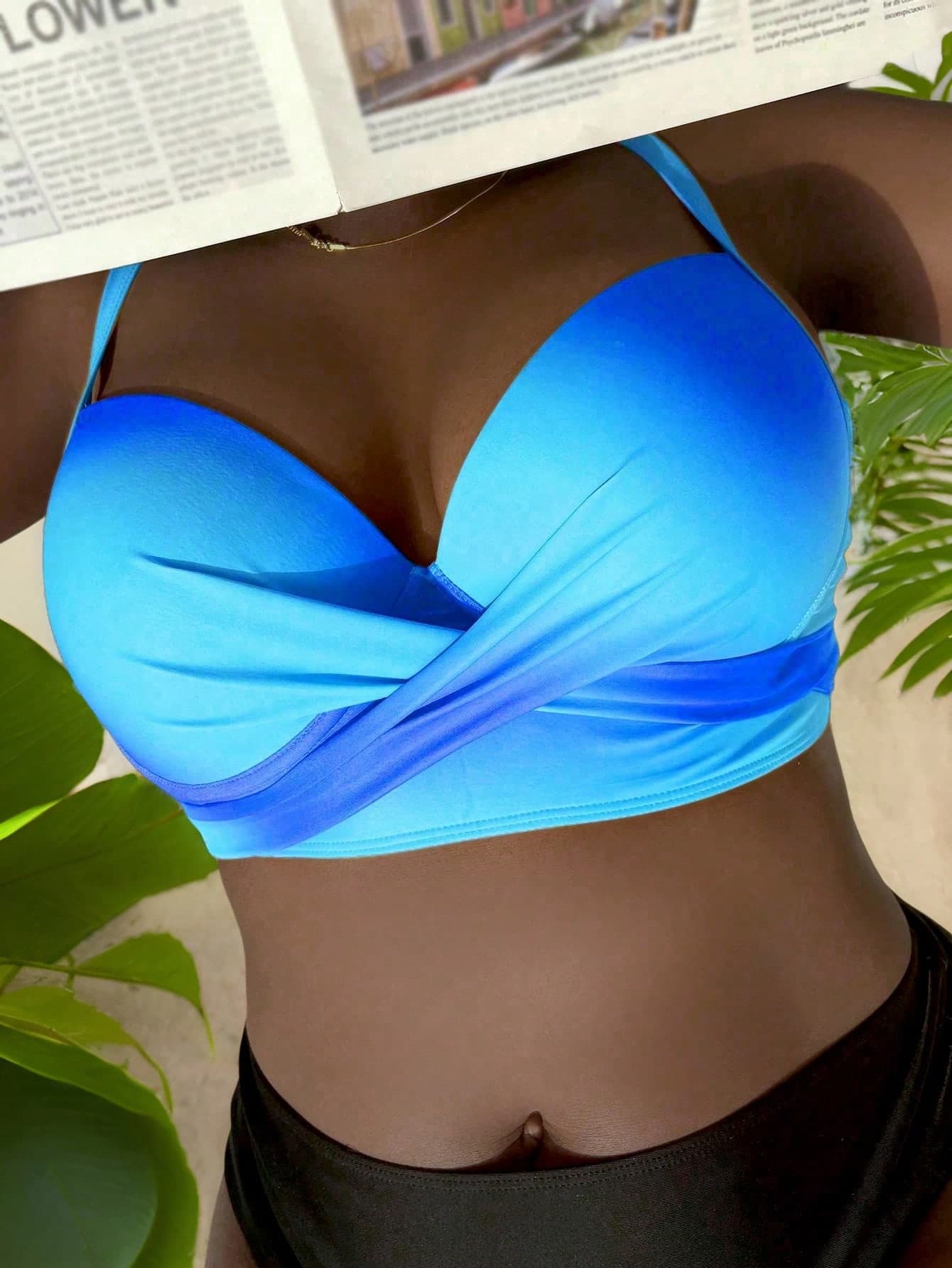 Slaydiva Plus Summer Beach Twist Front Ombre Blue Bikini Top