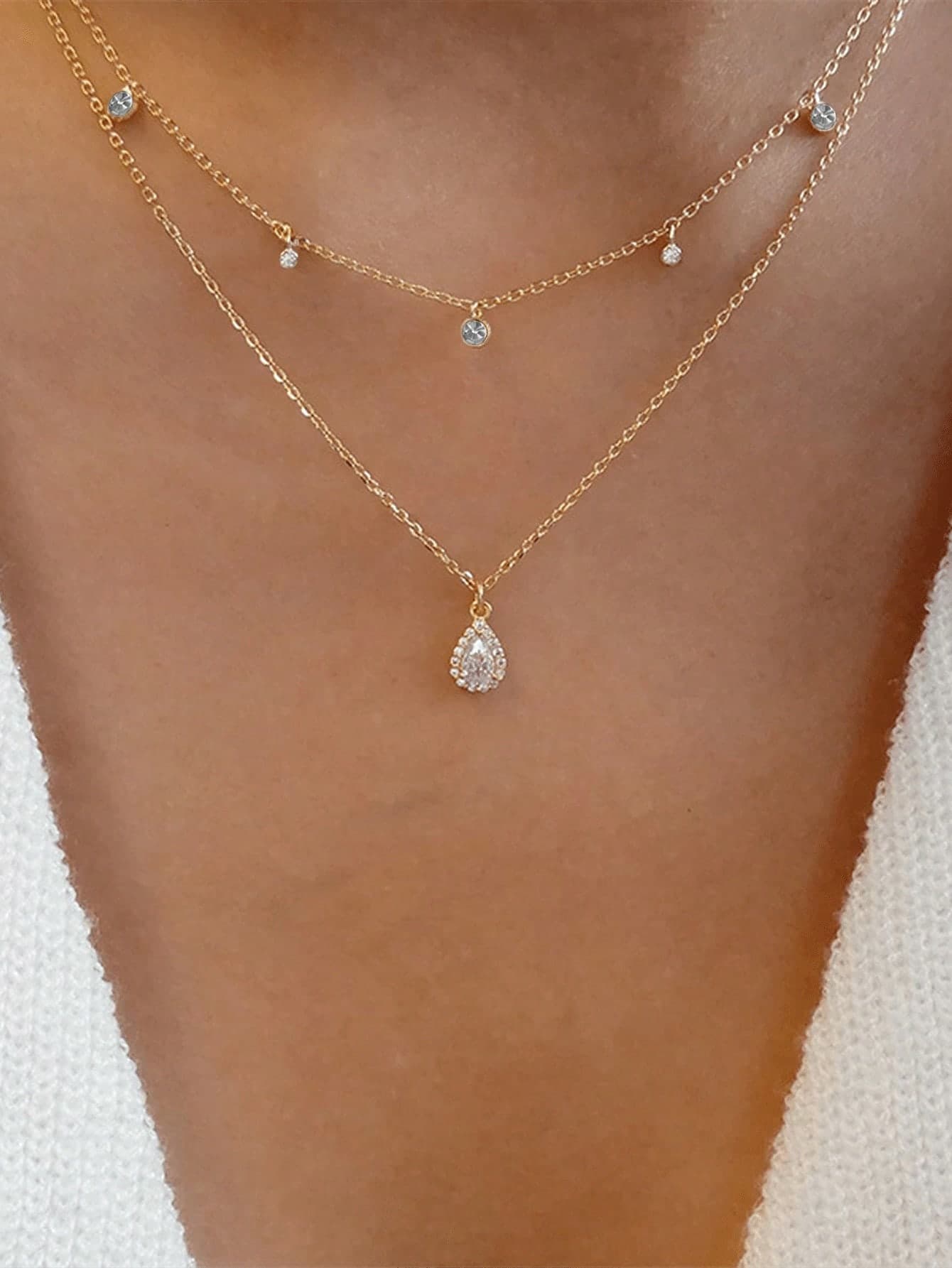 1pc Multi-Layer Gold-Plated Crystal Water Drop Necklace
