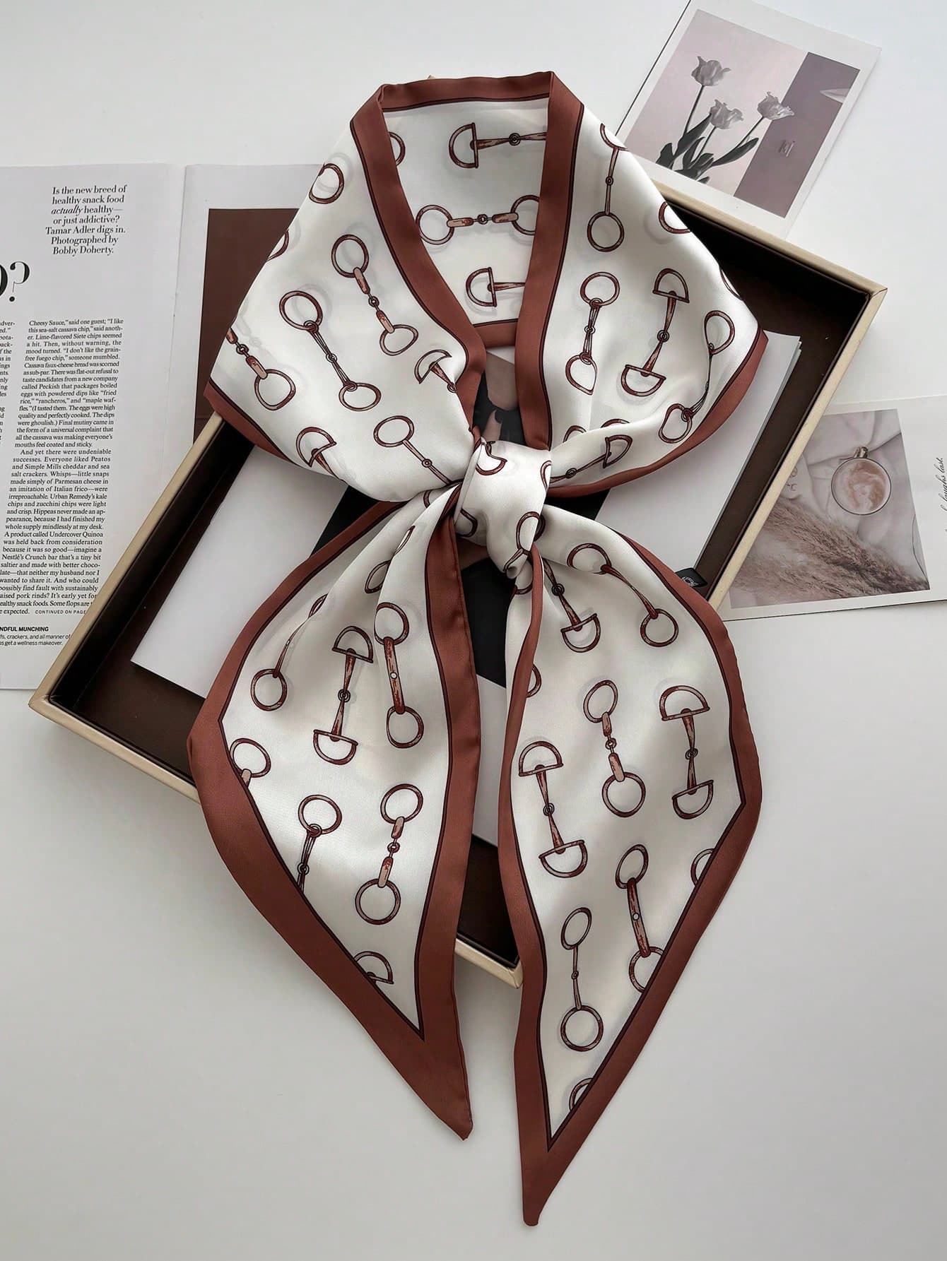 1pc Reversible Horse Chain Print Satin Scarf, Women Dress, Shorts, Belt, Bag, Hat, Ribbon, Waist Belt