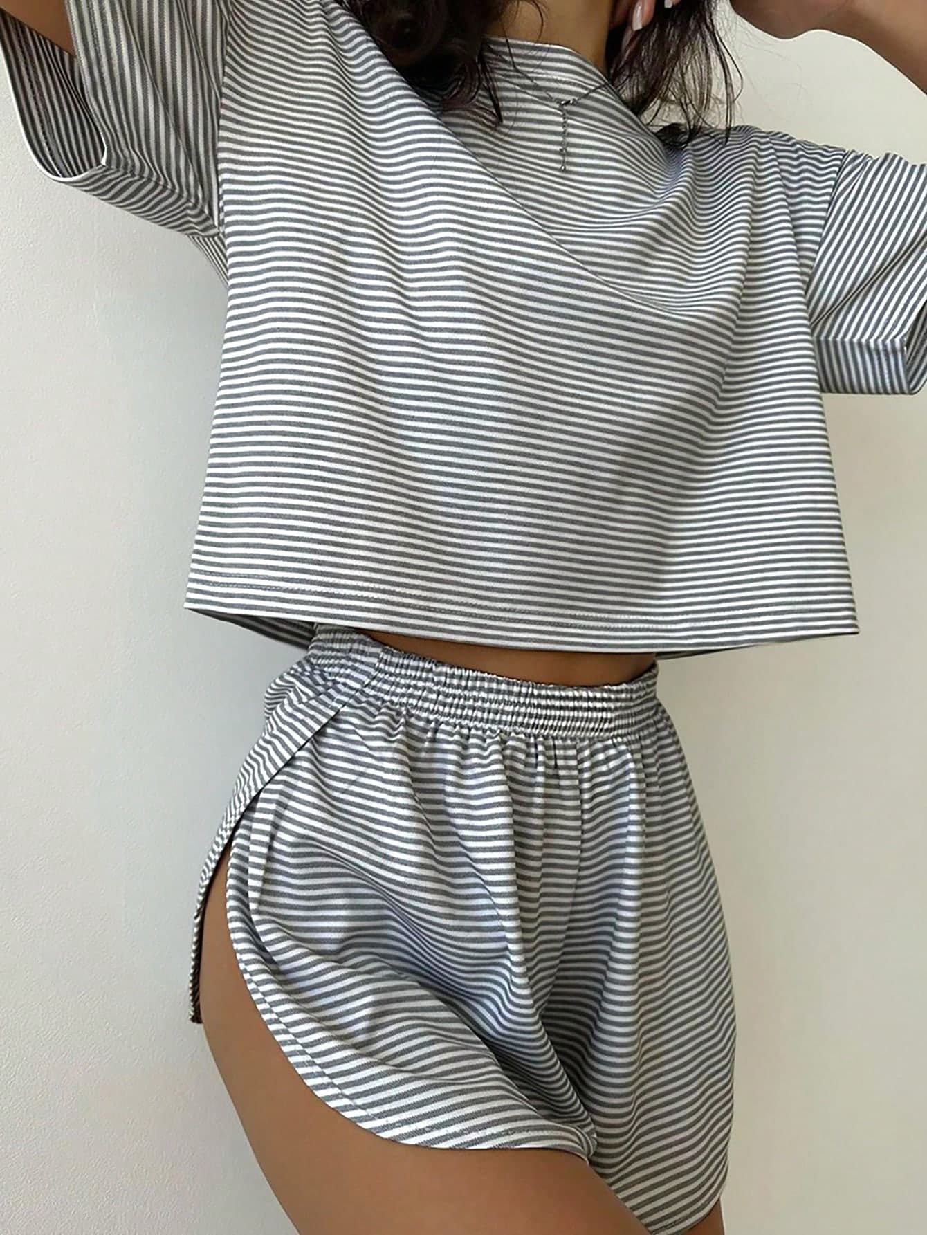 2pcs/Set Simple Loose Fit Striped Knitted Top With Side Split And Shorts, Casual Homewear Set, Suitable For Home Use, Two Pieces Set Outfit
