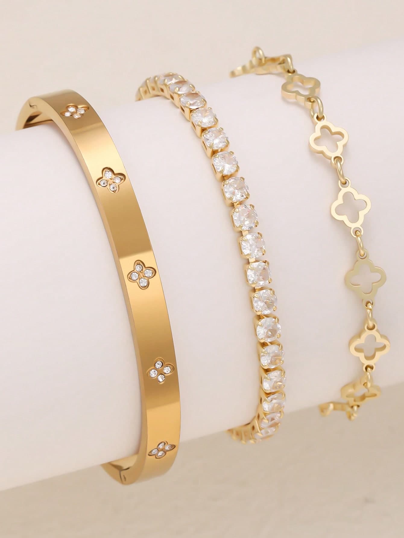 Luxury Sparkling Lucky 4-Leaf Clover Shape Zirconia Stainless Steel Bracelet & Bangle Set For Women, Elegant Daily Wear And Gift