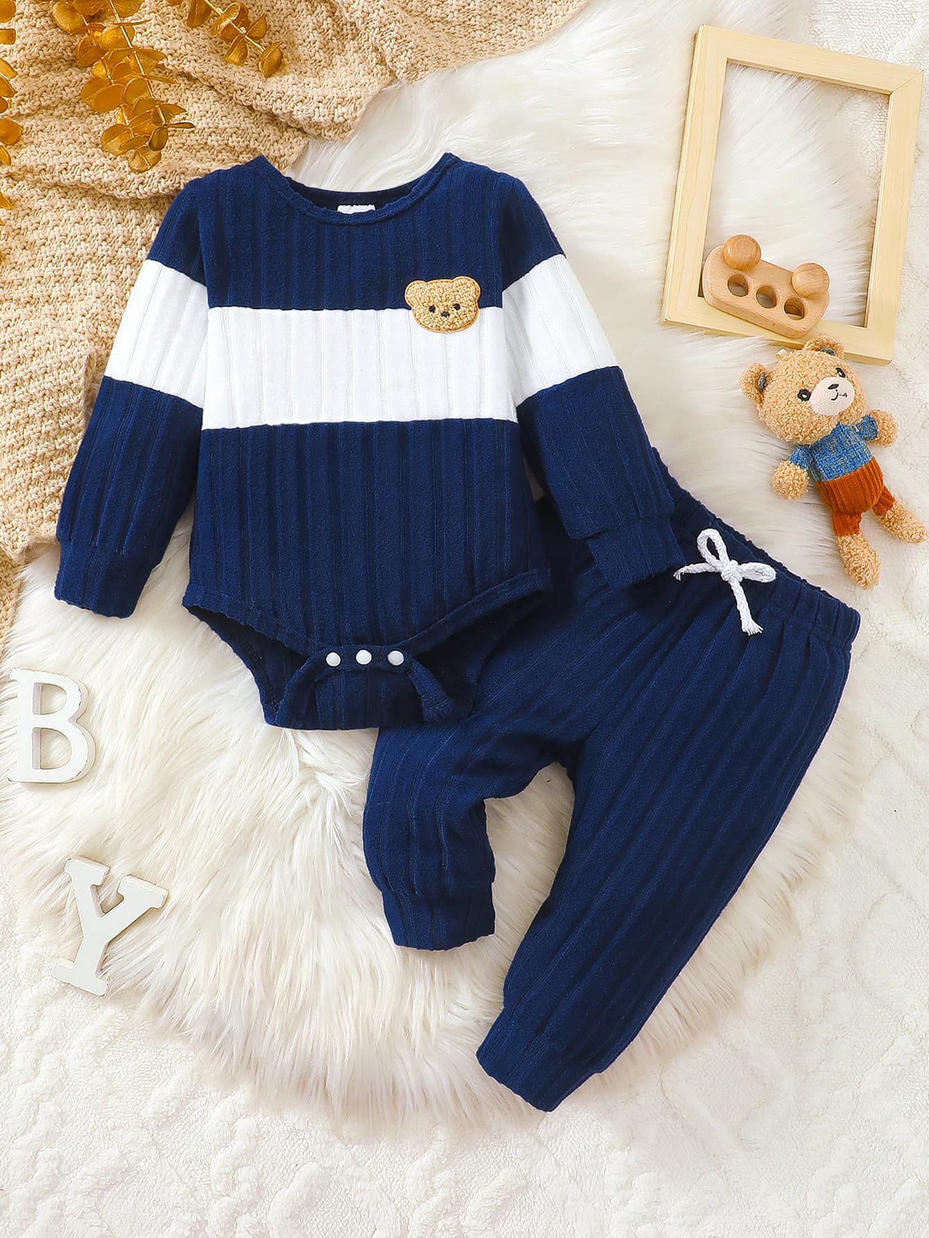 2pcs Toddler Baby Long Sleeve Soft Plush Cute Bear Design Set, Stretchy, Lightweight & Comfortable, Suitable For Baby Boys