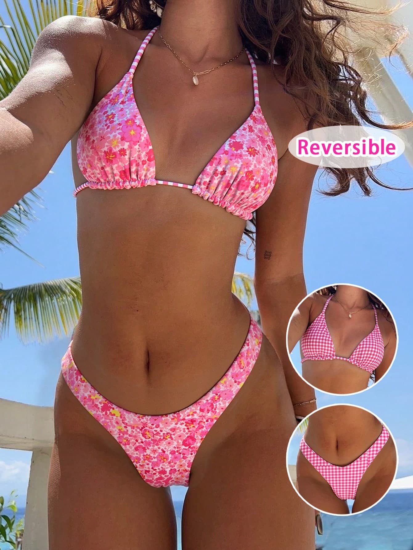 Women's Sexy Floral Striped Print Bikini Set, Triangle Deep V Bikini, Suitable For Beach Vacation Summer