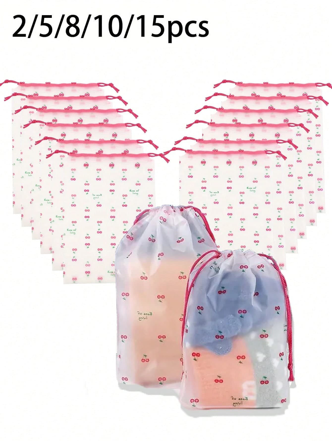 2/5/8/10/15pcs Cherry Pattern Transparent Plastic Storage Bags, Portable Travel Shoe Bags, Drawstring Shoe Bags, Unisex Cartoon Boot Bags, Shoe Boxes, Shoe Storage Accessories, Suitable For Travel, Holiday, Mail, School