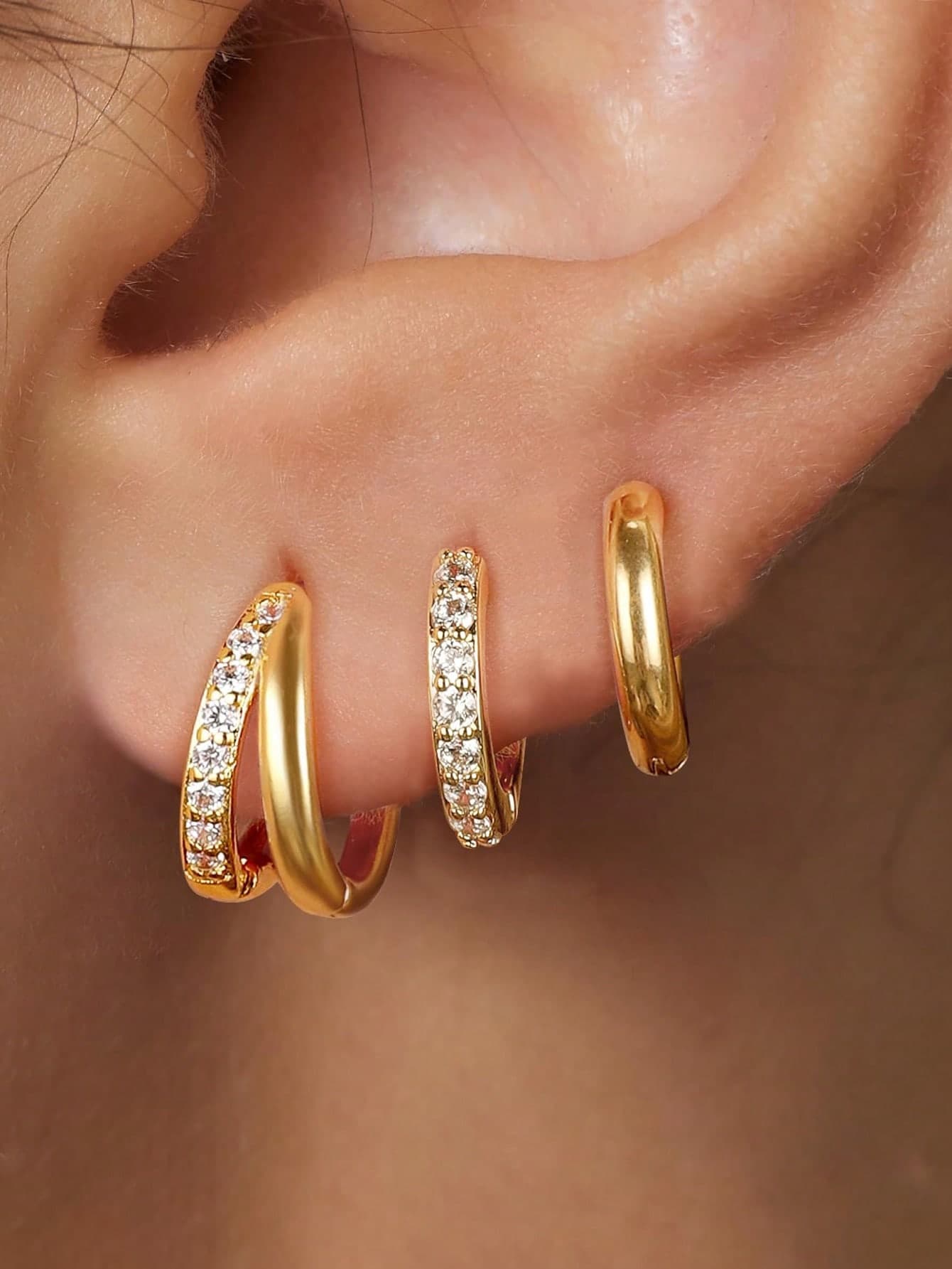 6pcs 14K Gold Plated Double Layer Small Hoop Earrings, Inlaid With Cubic Zirconia, Low Allergy, For Women And Girls