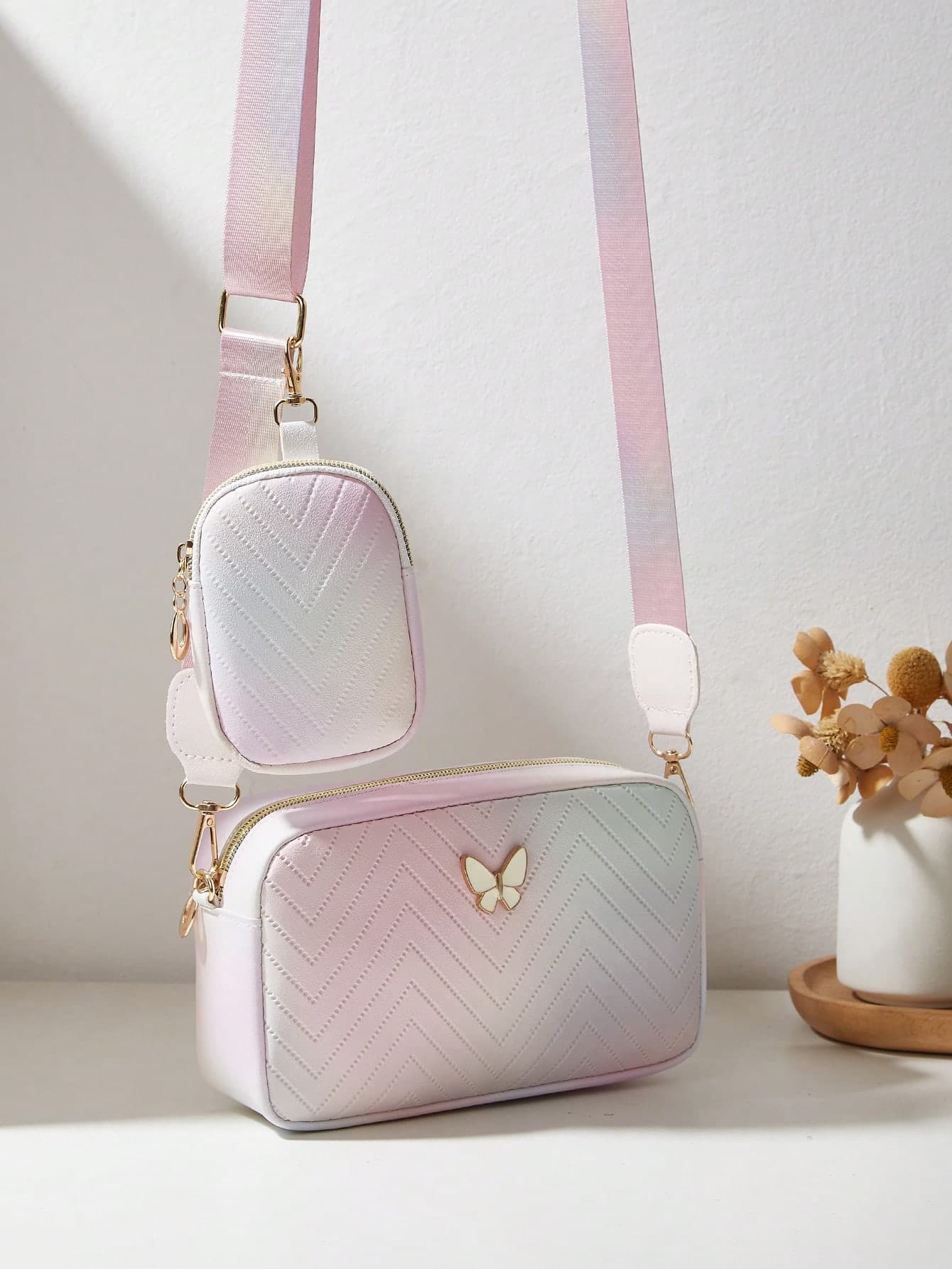 2pcs Set Embossed Butterfly Decor Shoulder Diagonal Crossbody Bag, Fashion Small Square Bag & Coin Purse