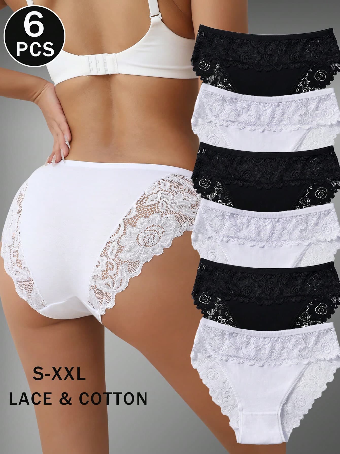 6pcs Elegant Solid Color Cotton Panties, Comfortable Style, Lace Trim, Women's Triangle Briefs