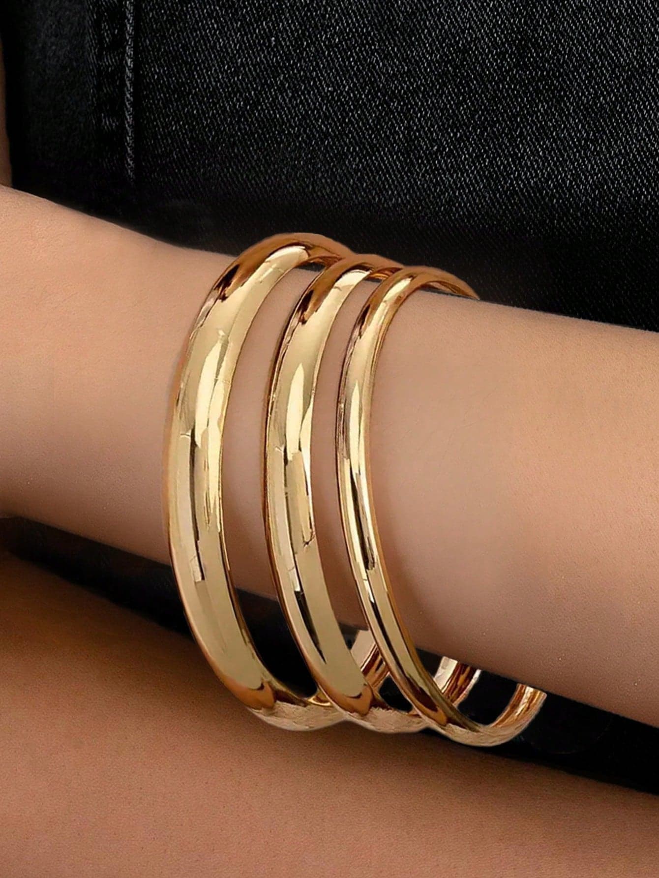 3pcs Metal Bohemian Style Smooth Bangle Bracelets Set, Gold Simple Layered Cuff Wrist Accessories For Party, Dance, Vacation, Girlfriend Gift