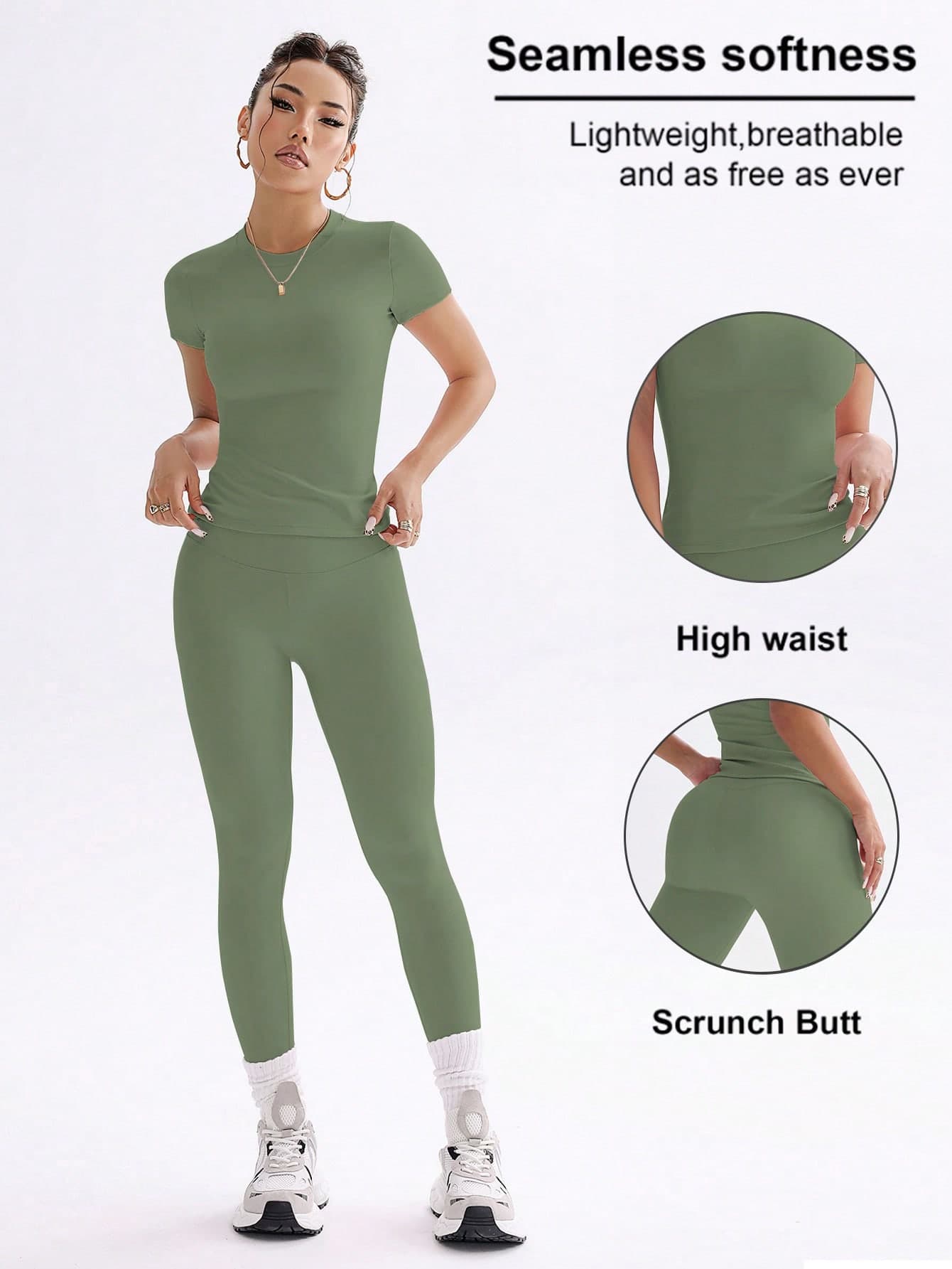 FWH Campus Style OOTD Sweet Girl Fitness Set, Sweet Cool Campus Fitness 2-Piece Set, Spring/Summer Elastic Slim Fit Round Neck Sweet Fashion Sports