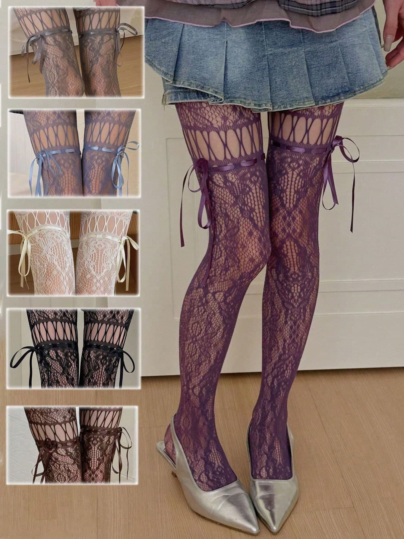 New Spring/Summer Lace Bowknot Fishnet Stockings, Ripped Colorful Pantyhose To Express Your Personalized, Y2K Aesthetic