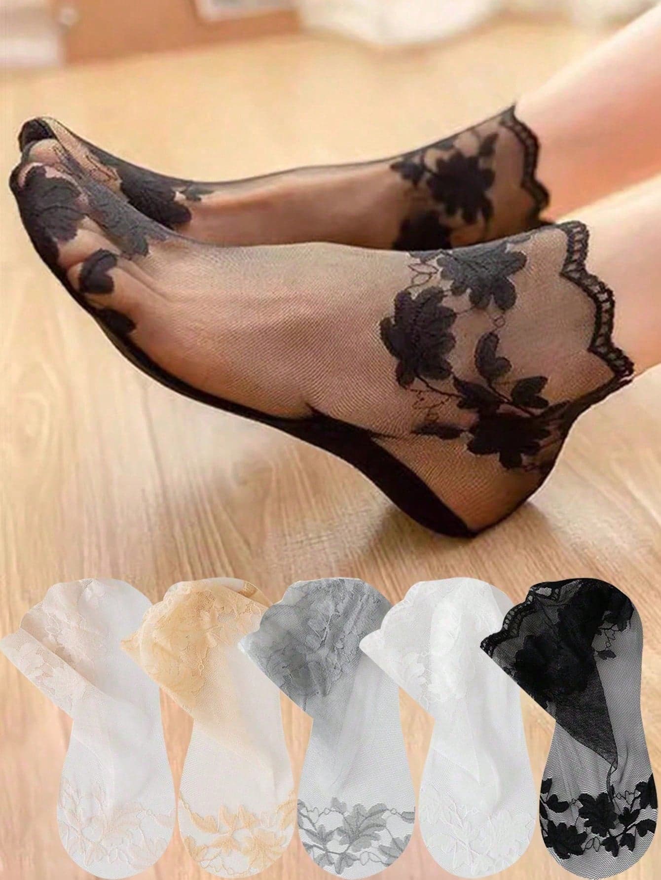5 Pairs Summer Breathable Elastic Women's Thin Leaf Boat Socks, Transparent Lace Invisible Socks, Lolita Style Women's Long Socks, Suitable For Outdoor Sports, Dancing, Walking, Christmas, Winter And Other Occasions. Gift Socks Holiday Gift Socks (1/5 Pairs)