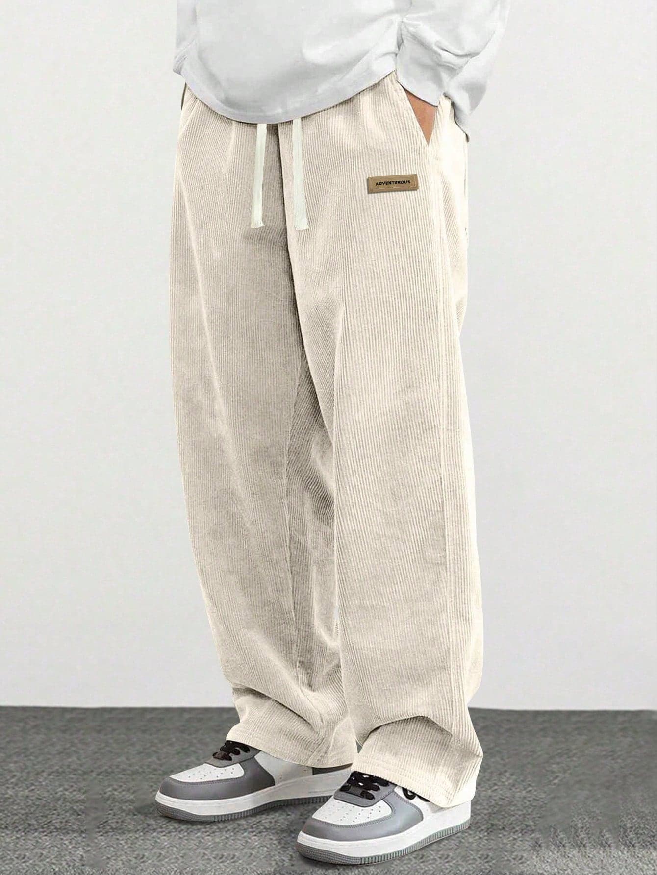 Men's Casual Corduroy Straight-Leg Pants With Graphic Print, Loose & Versatile, Suitable For Spring & Autumn