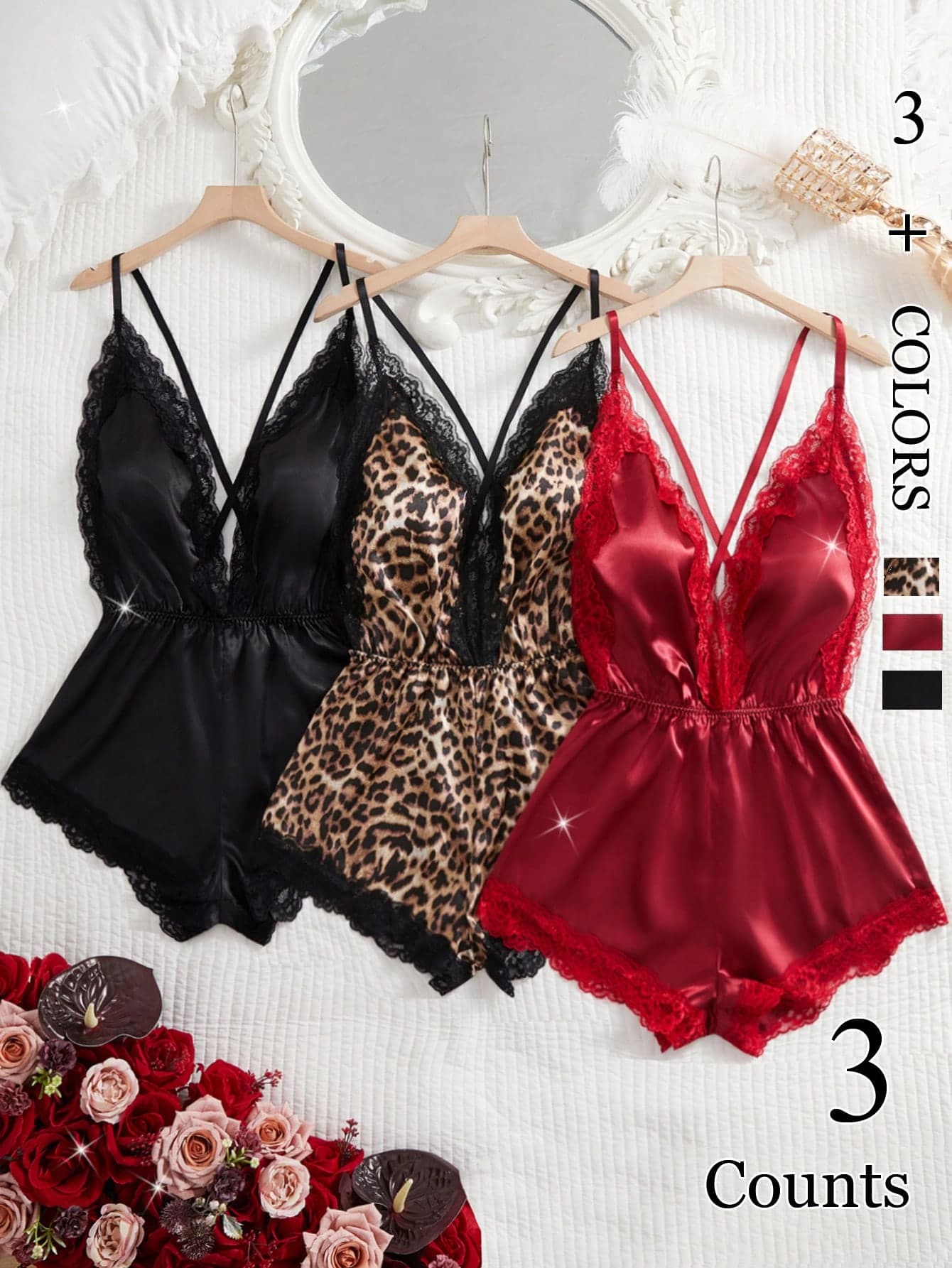 3pcs Leopard Print Sexy Women's Lingerie Set, Sexy Lace Satin Deep V-Neck Criss-Cross Bodysuit, Suitable For Backless, Intimate Sleepwear And Carnival Party Outfit