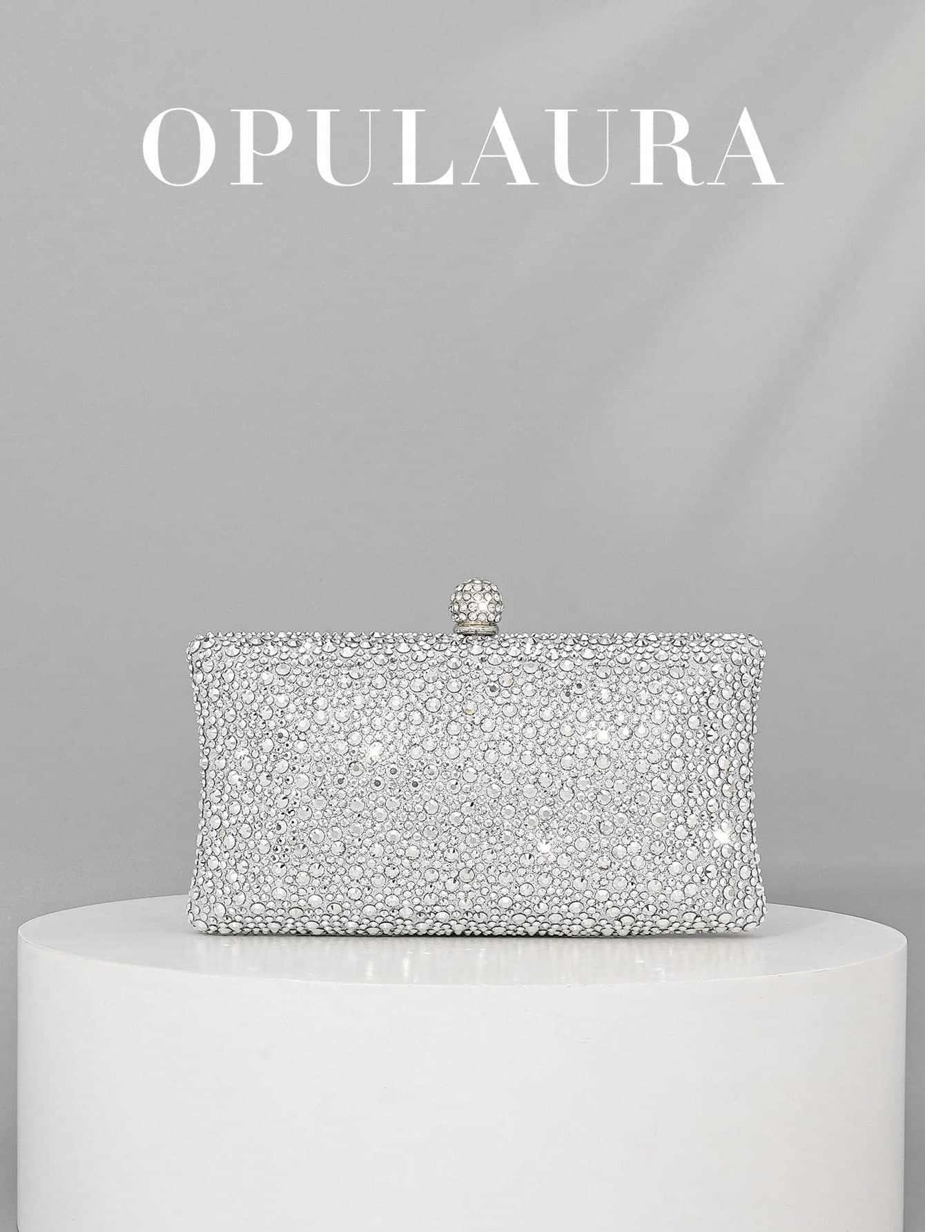 OpulAura 1pc Silver Women's New Sparkling Diamond Mini Box Clutch Bag, Exquisite & Charming Party Purse, Elegant Evening Handbag Suitable For Romantic Wedding, Formal Party, Back To School Dance, Birthday Gathering, Fashion Cocktail Party, Comes With Metal Chain