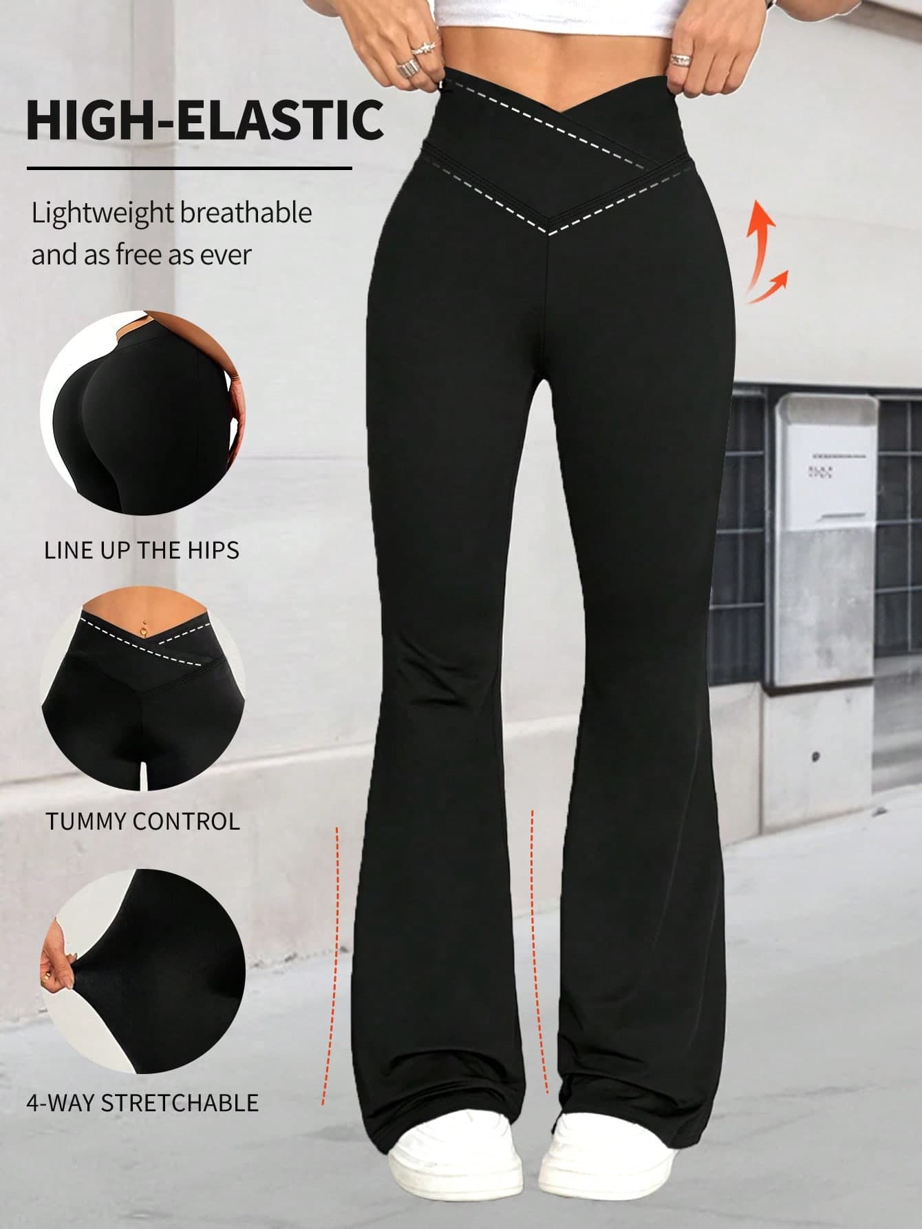 [Super Soft] Criss-Cross Stretch Flare Pants, Minimalist High Waist Commute & Yoga Pants, Sexy Casual Sports Leggings, Butt Lifting Design Flared Pants, Ladies Sports Wear, Knit Fabric, Elastic & Comfortable, Suitable For Daily Wear And Workout Black Spring