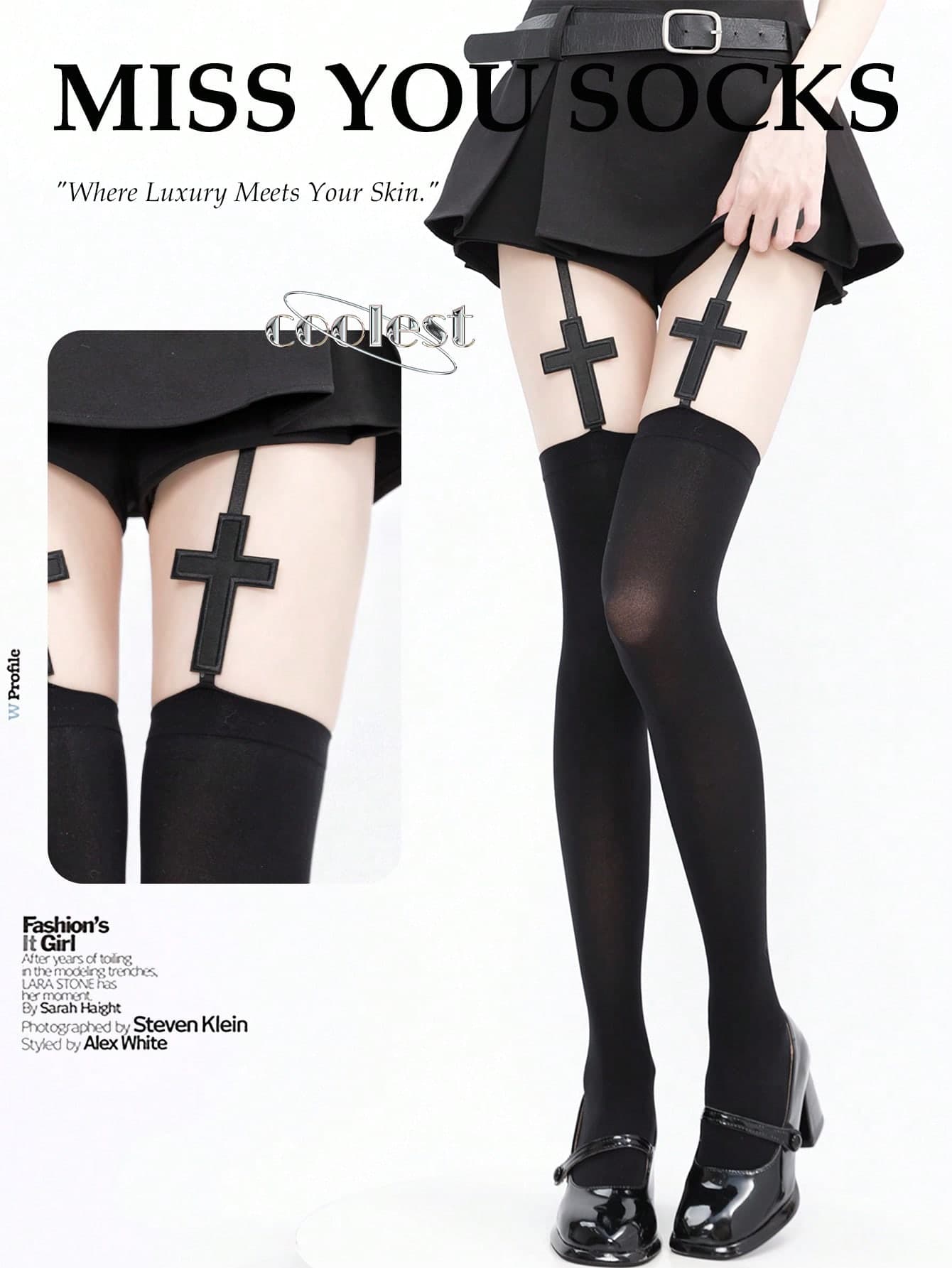 1pc Y2K Punk Style Cross Design Suspender Stockings, Sexy Black Thigh High Gothic Socks For Slim Millenial Gal, Cozy