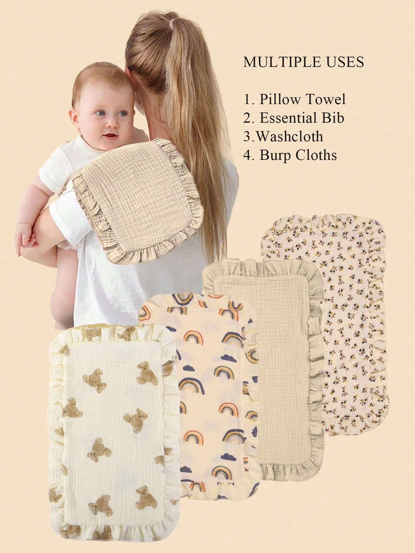 4pcs Baby Muslin Feeding Burp Cloths, Absorbent Bibs Multifunctional Cloths