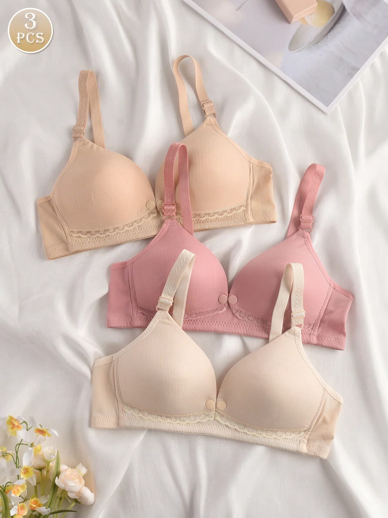 3pcs/Set Women's Front Closure Wireless Comfortable Breathable Nursing Maternity Bras, Multi-Color