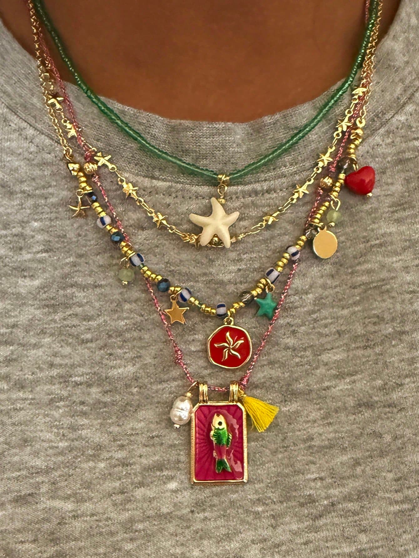 4pcs Bohemian Handmade Beaded Colorful Square Fish & Starfish Pendant Multilayer Necklace Set For Women, Suitable For Daily, Party, Beach, All Seasons