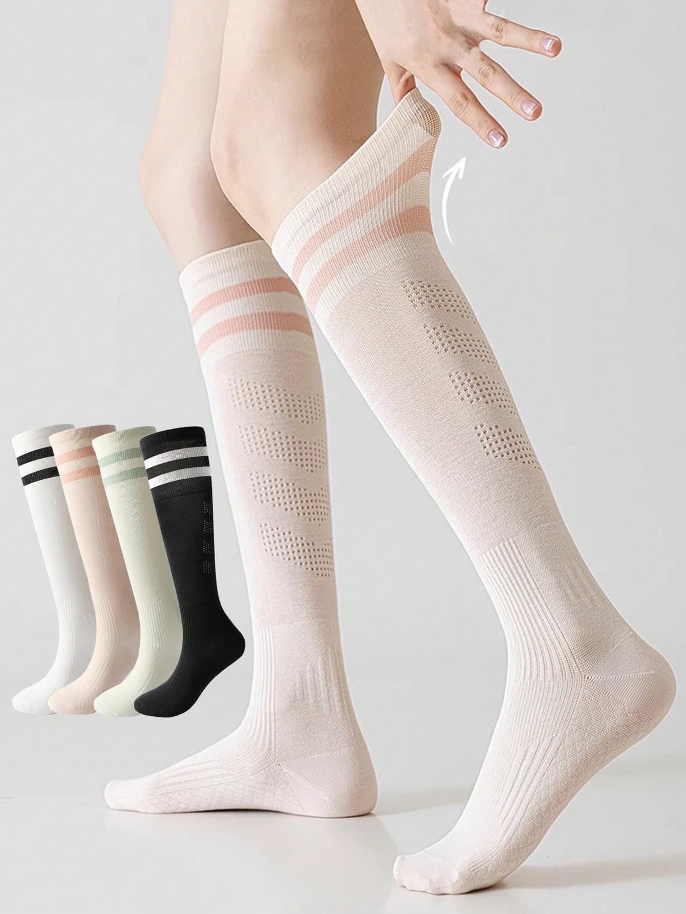 1/2/4 Pairs Women Long Tube Socks, Compression Sports Socks For Badminton, Fitness, Running, Skipping, Yoga, Collegiate Style, Cozy