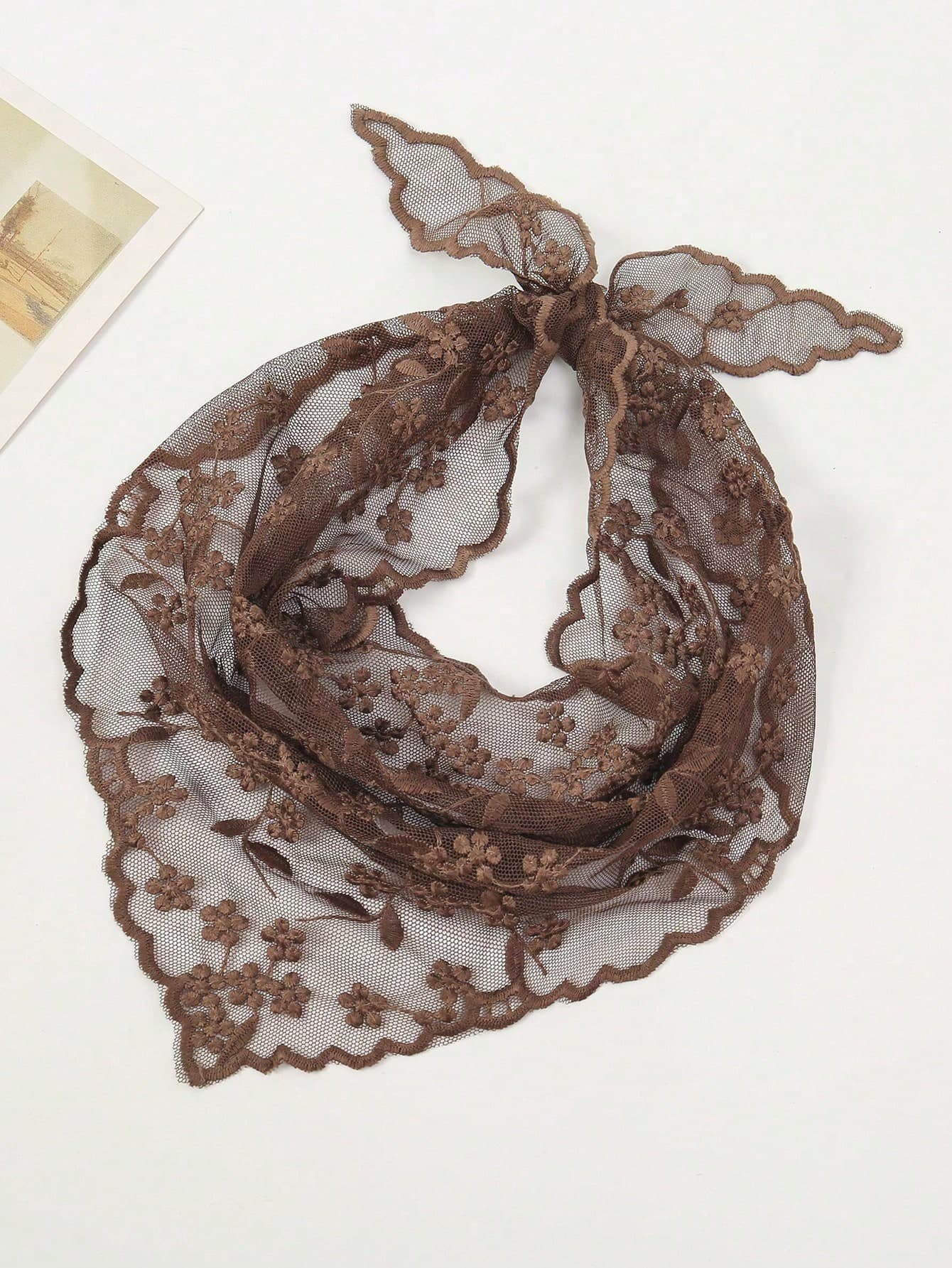 1pc Lace Floral Trim Scarf, Women Triangular Scarf, Bag Decor, Hair Tie For Dress