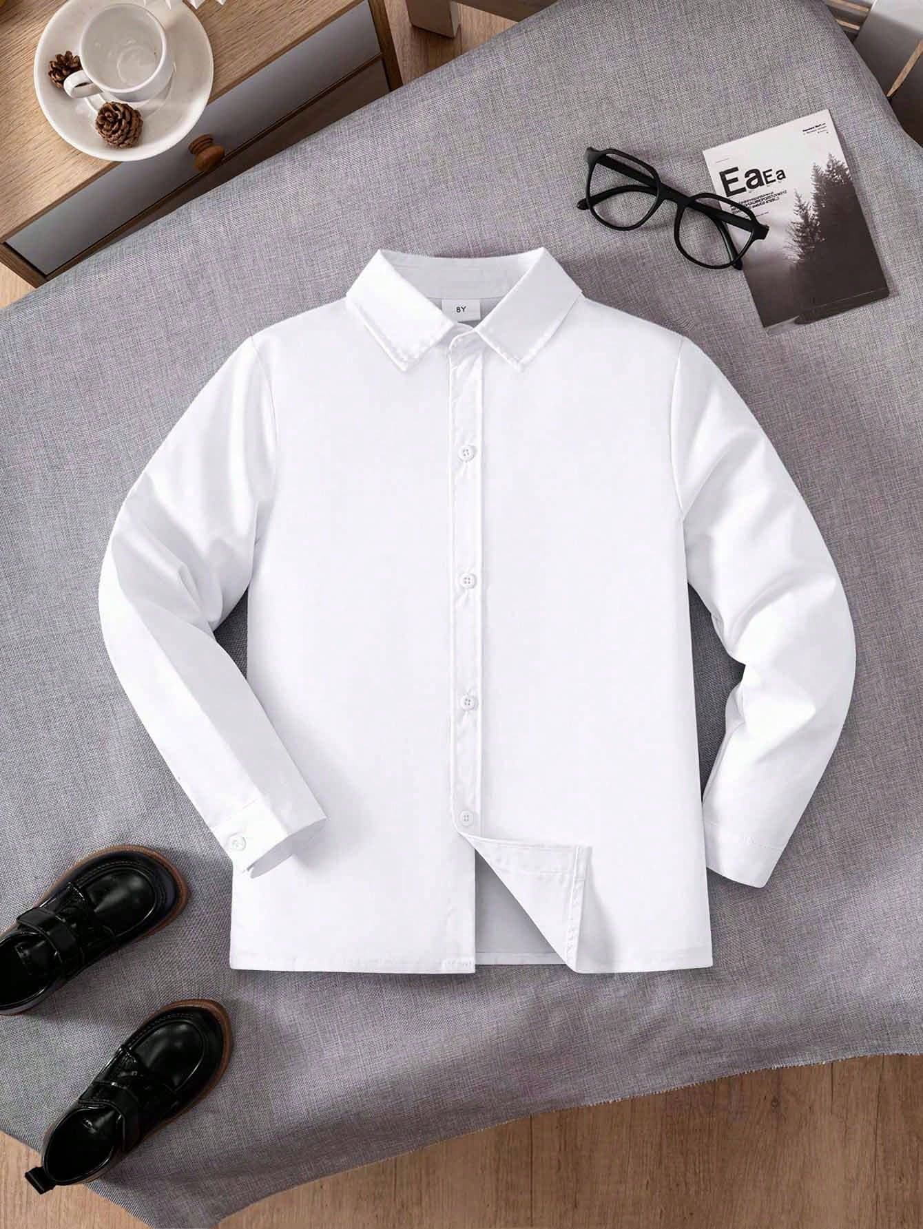 Tween Boy Classic College Style Casual/Formal Long Sleeve Shirt With Pocket Patch, White