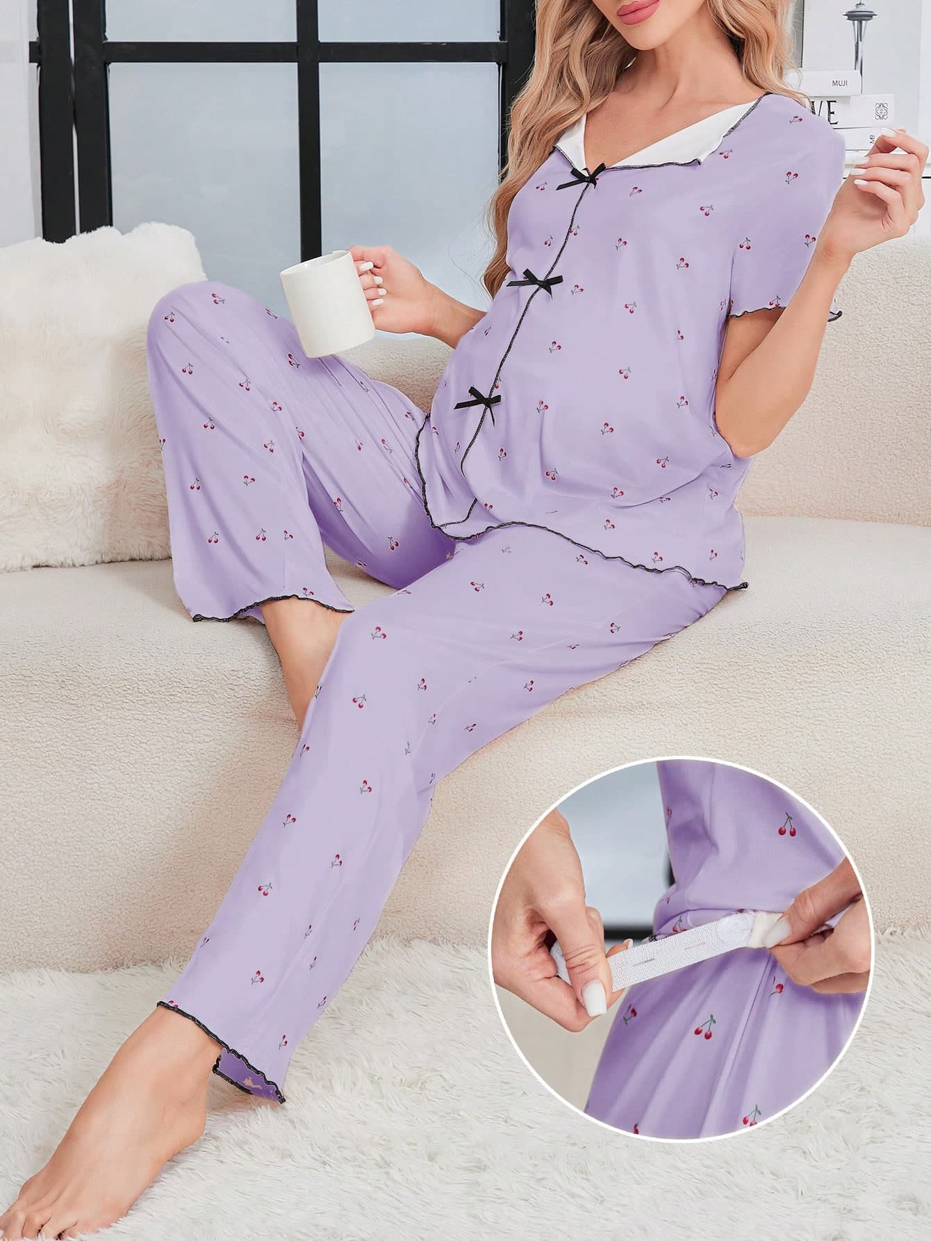 Maternity Sleepwear Set, Minimalist V-Neck With Cute Cherry Print And Bow Accent Maternity Loungewear Set Summer