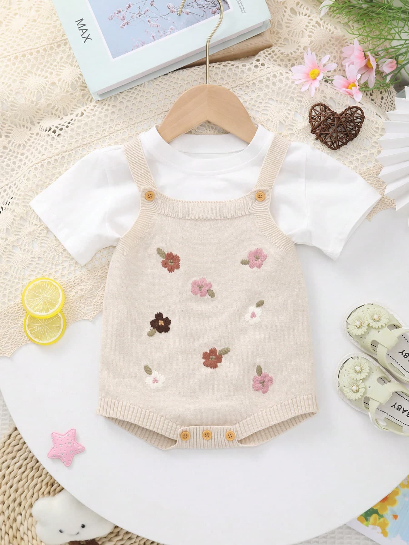 Baby Girls' Lightweight Knitted Flower Embroidery Strap Bodysuit, Summer