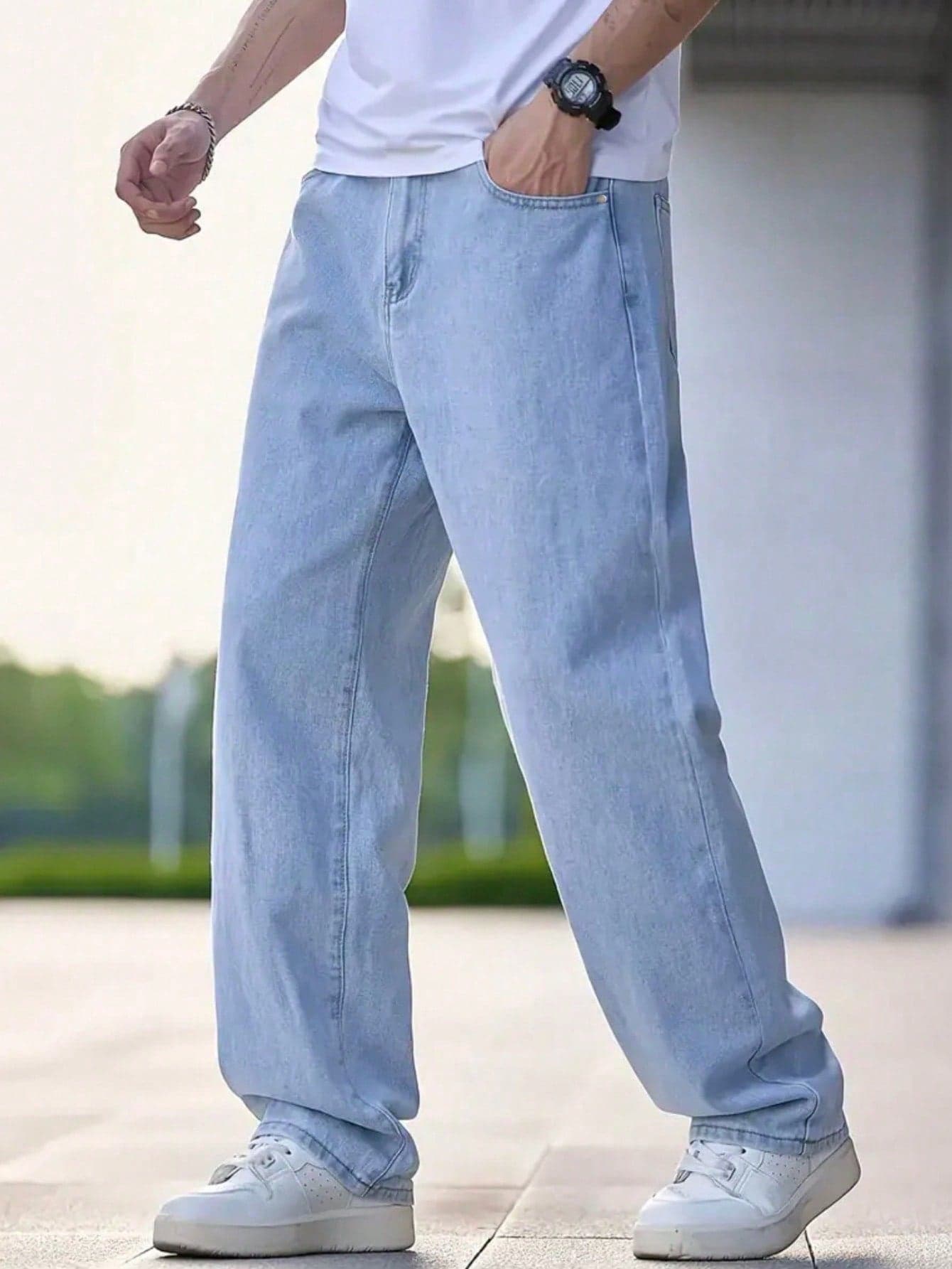 Men's Loose Fit Jeans, Men's Cotton Slant Pocket Long Washed Skateboard Pants, Casual Workwear, Light Blue, Suitable For Outings, Y2K Style, Suitable For Gatherings With Friends