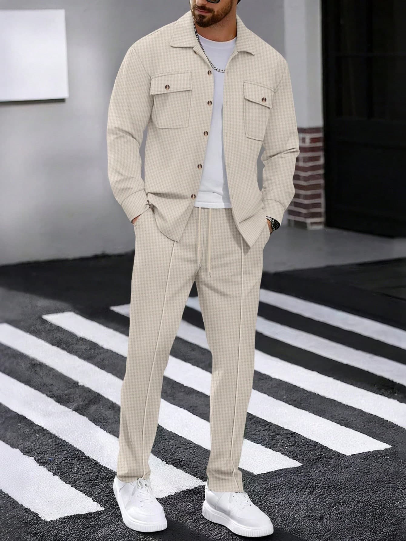 2pcs Men's Casual Solid Color Shirt With Collar & Pockets + Pants Set, Lightweight Polyester Fabric Leisure Sports Vacation Outfit, Spring/Autumn