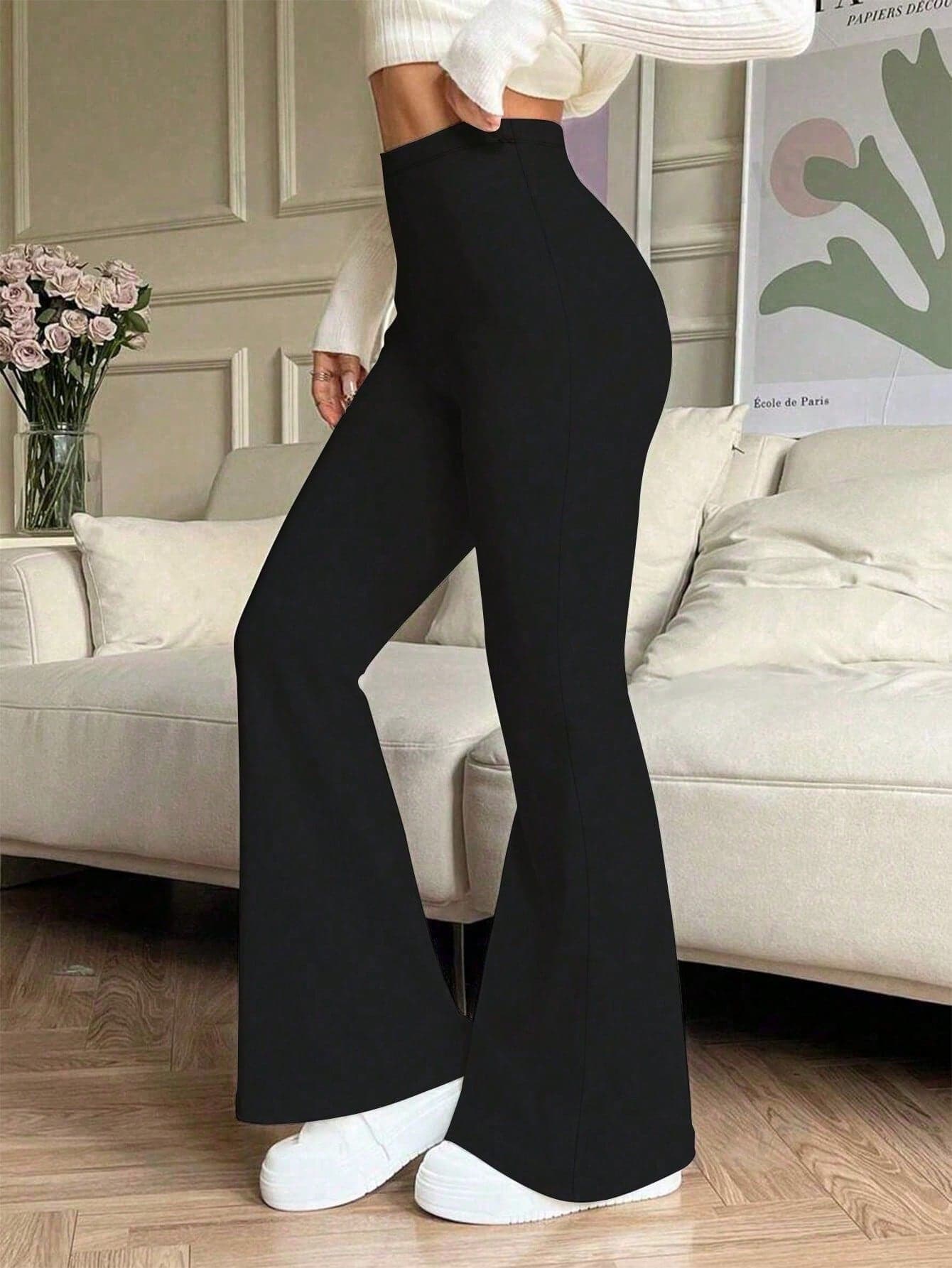 Women's High Waist Solid Color Flare Sports Yoga Pants, Compression Tight Leggings For Running & Fitness Spring Black