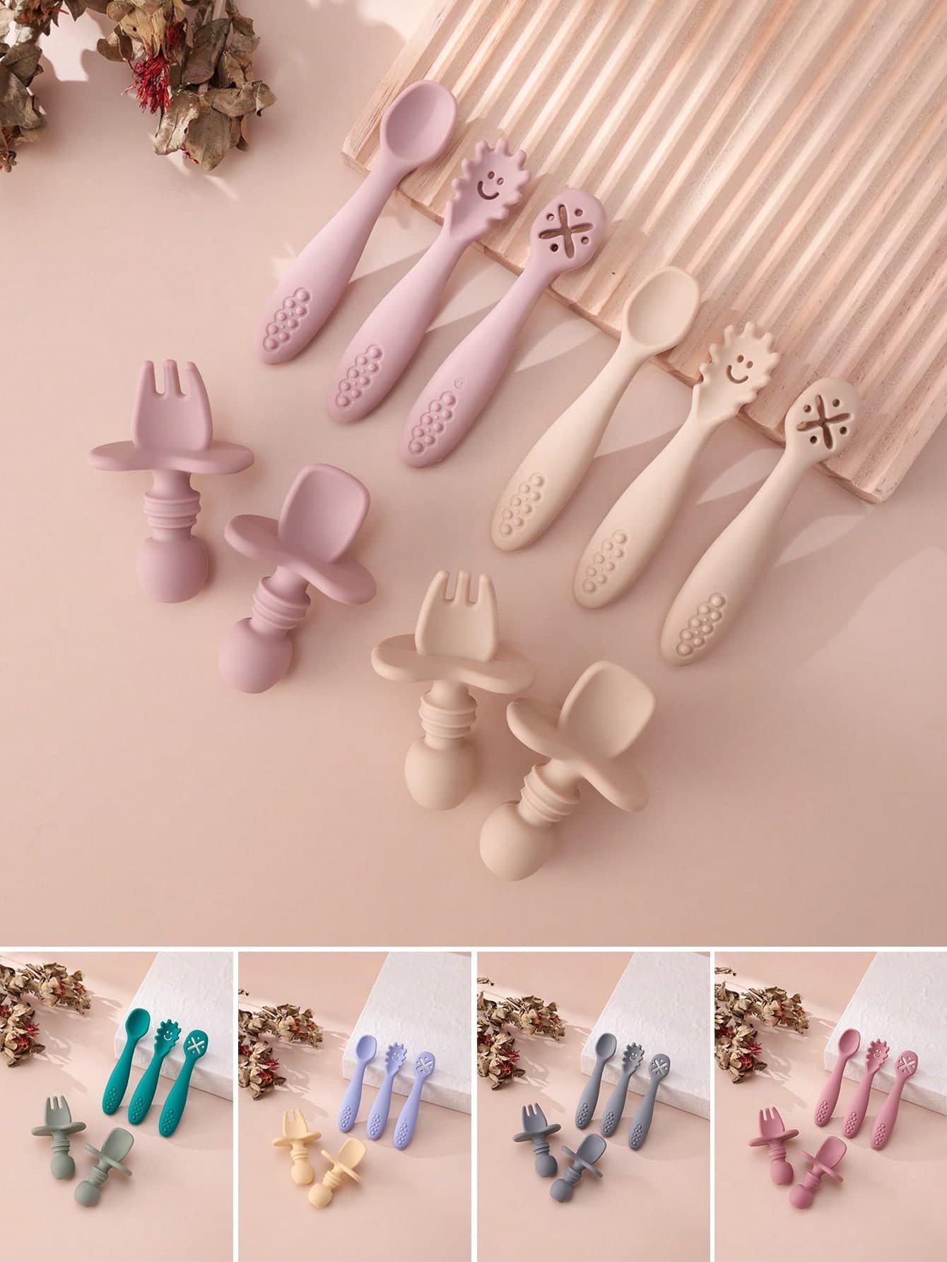 PopLittleOne 5PCS Baby Silicone Utensils Mini Baby Spoon Fork Baby Food Accessories Solid Color Baby Tableware Children's Cutlery