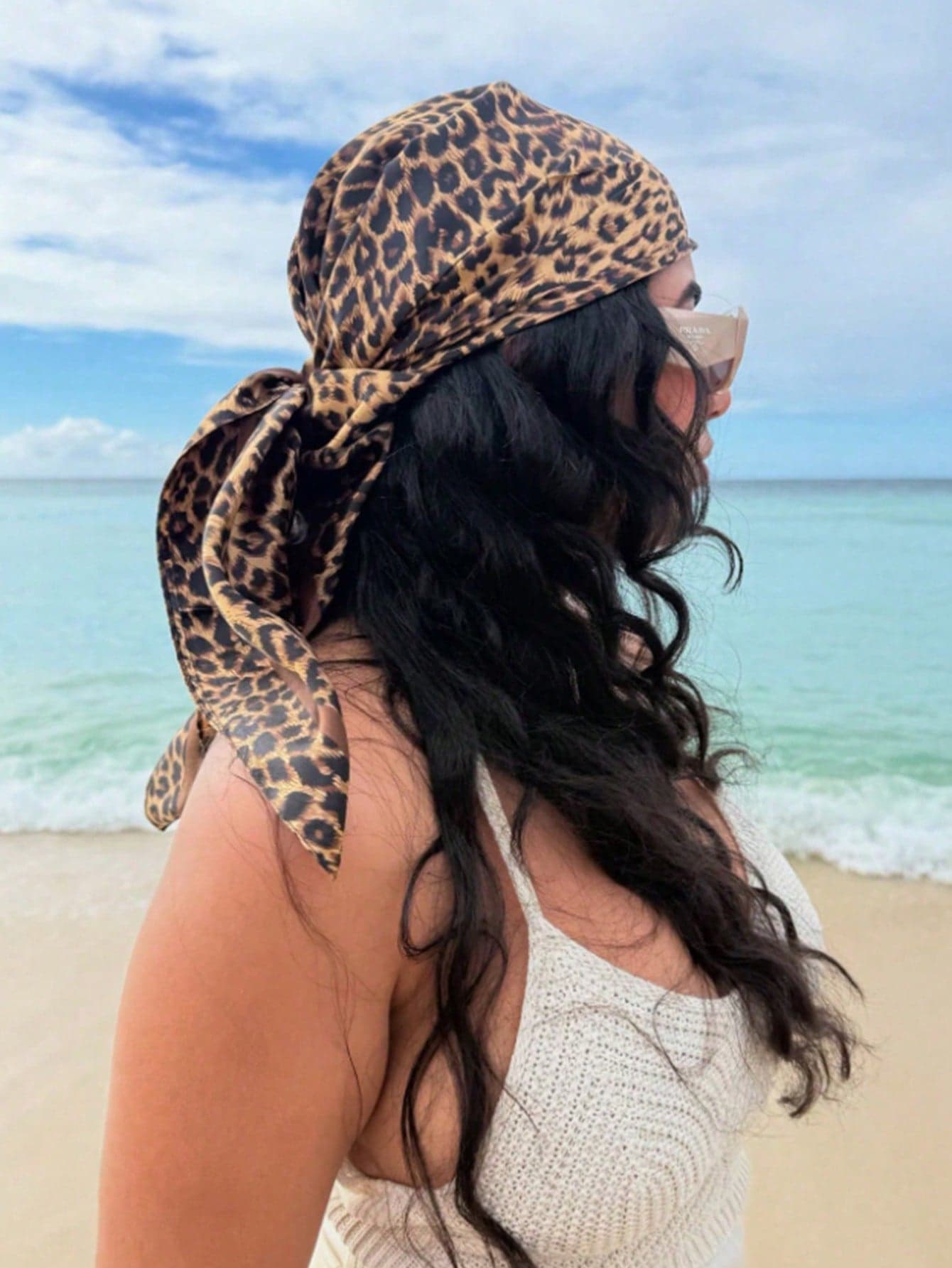 1pc Women Fashion 90cm Square Scarf, Printed Bandana, Spring/Summer, Leopard Chain  Headscarf For Beach, Vacation For Dress